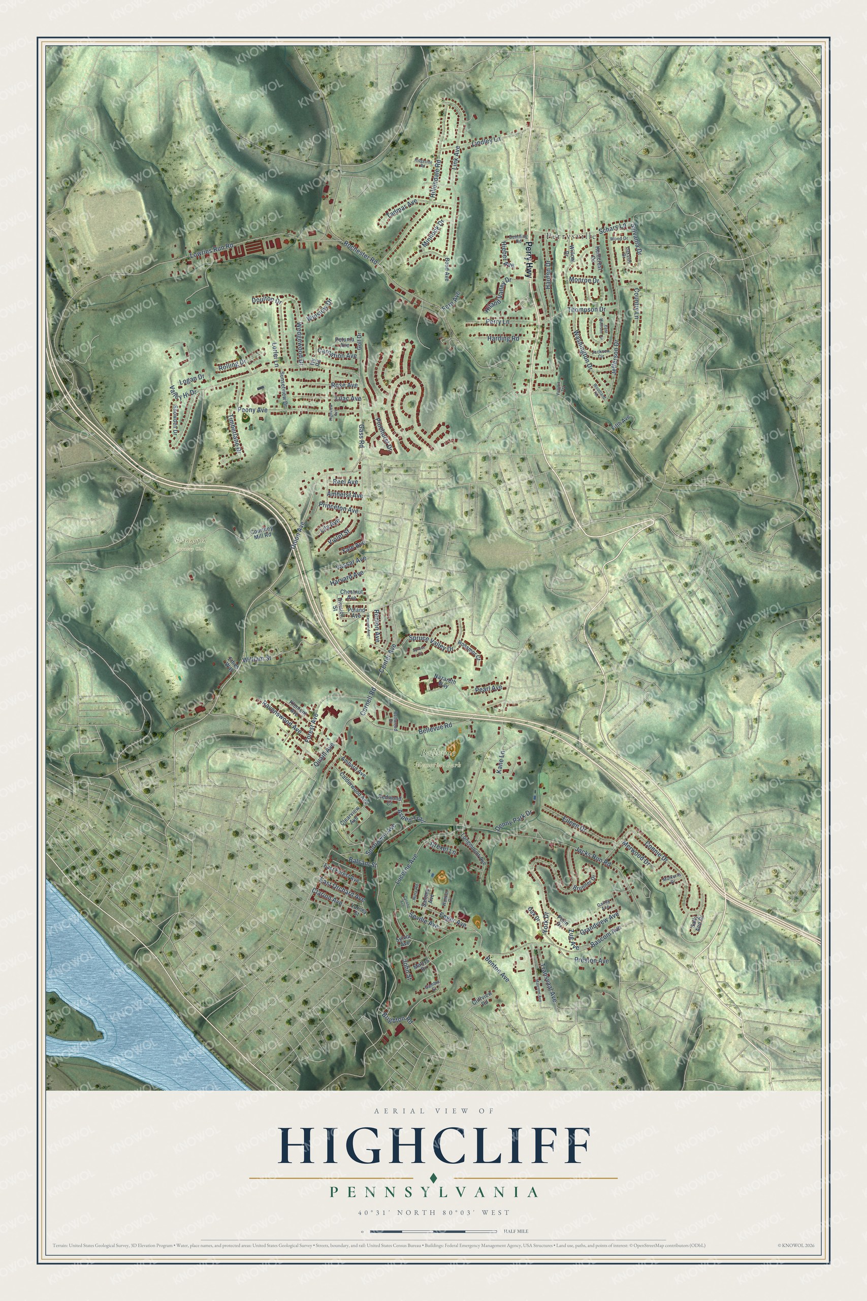 Full map of Highcliff, Pennsylvania, with red buildings, printed street names and the land around them