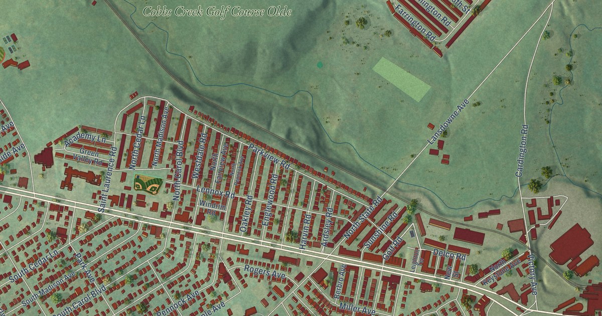 Close-up of streets and buildings in Highland Park, Delaware County, Pennsylvania