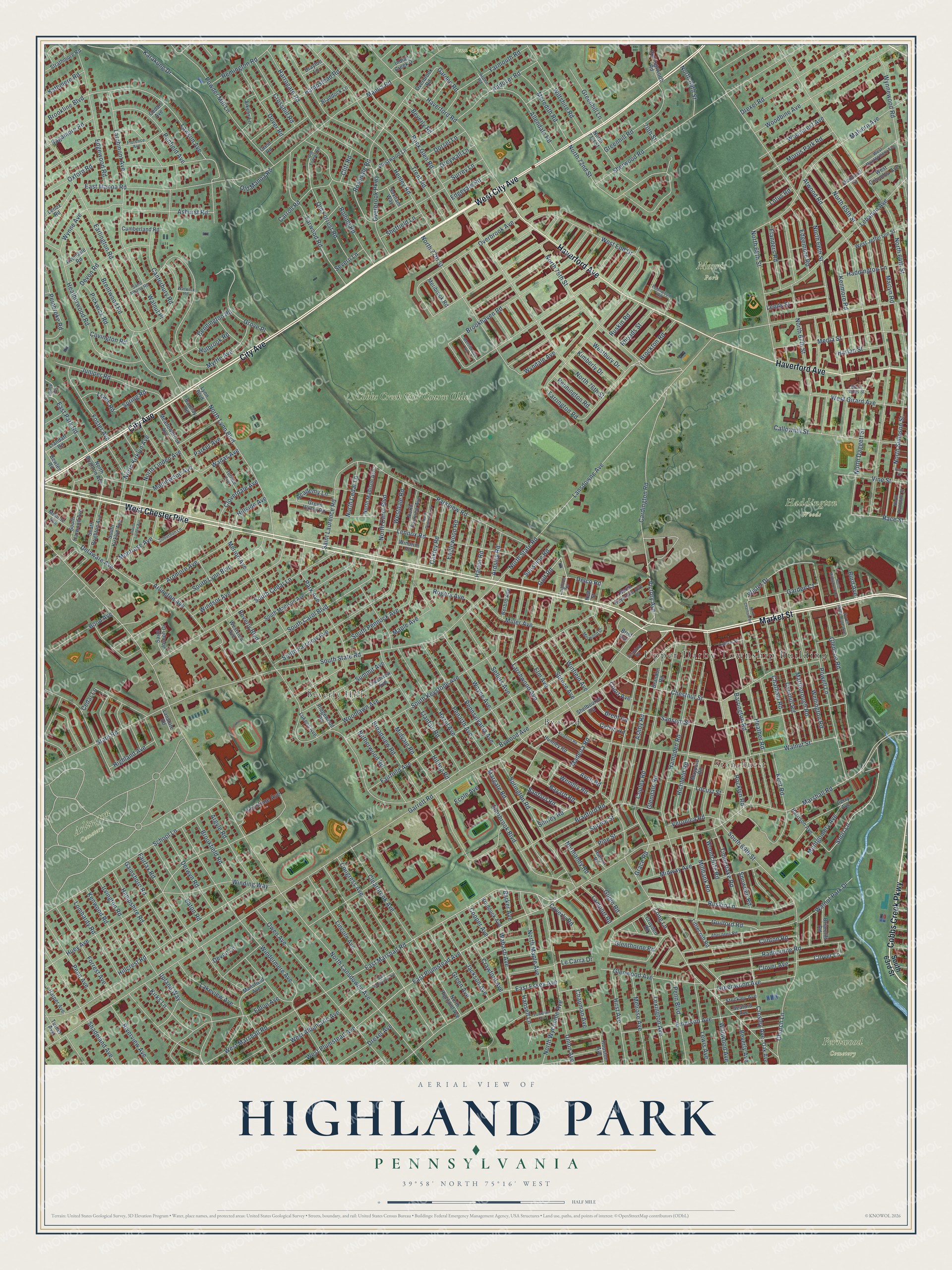 Full map of Highland Park, Pennsylvania, with red buildings, printed street names and the land around them