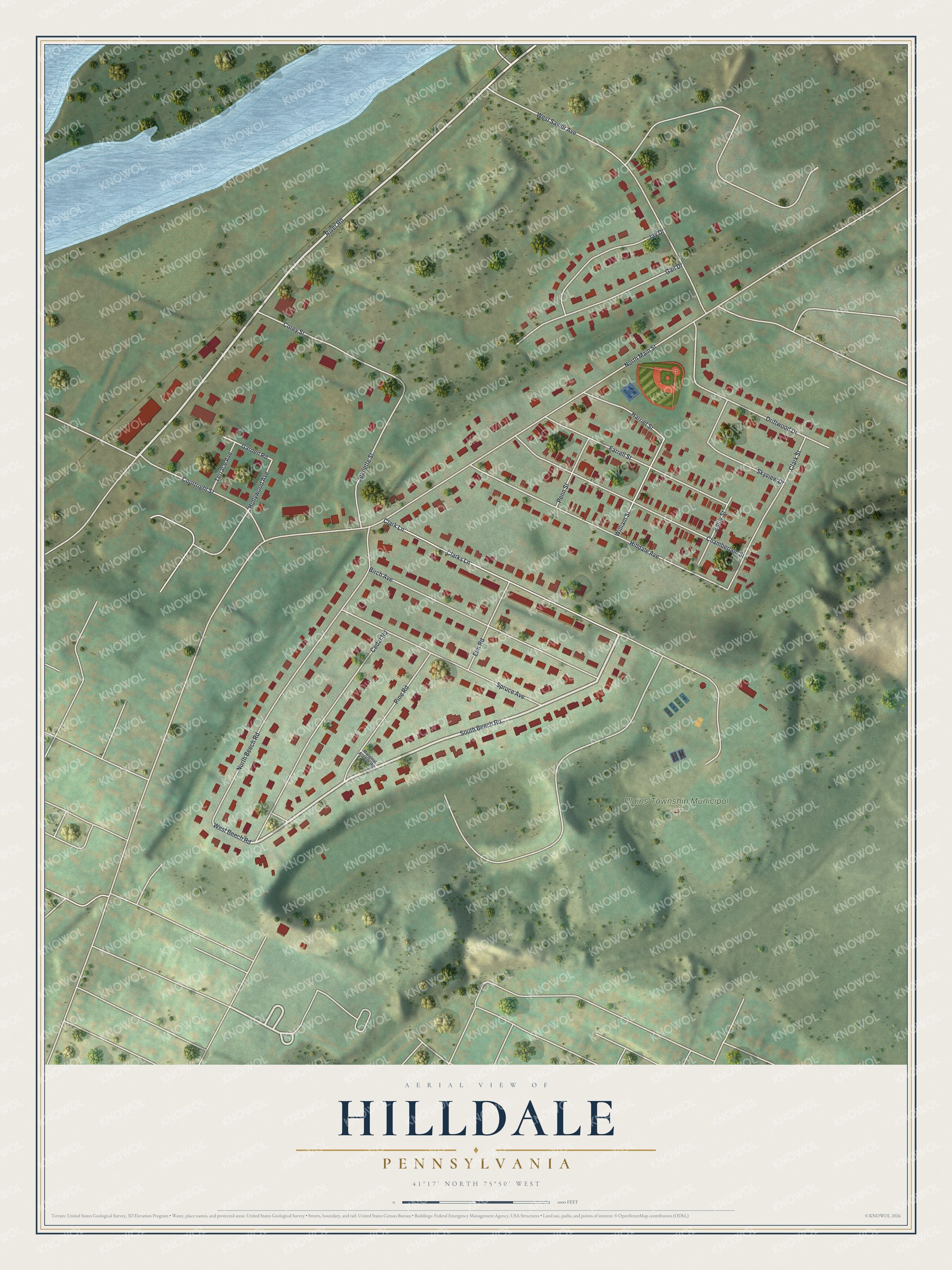 Full map of Hilldale, Pennsylvania, with red buildings, printed street names and the land around them
