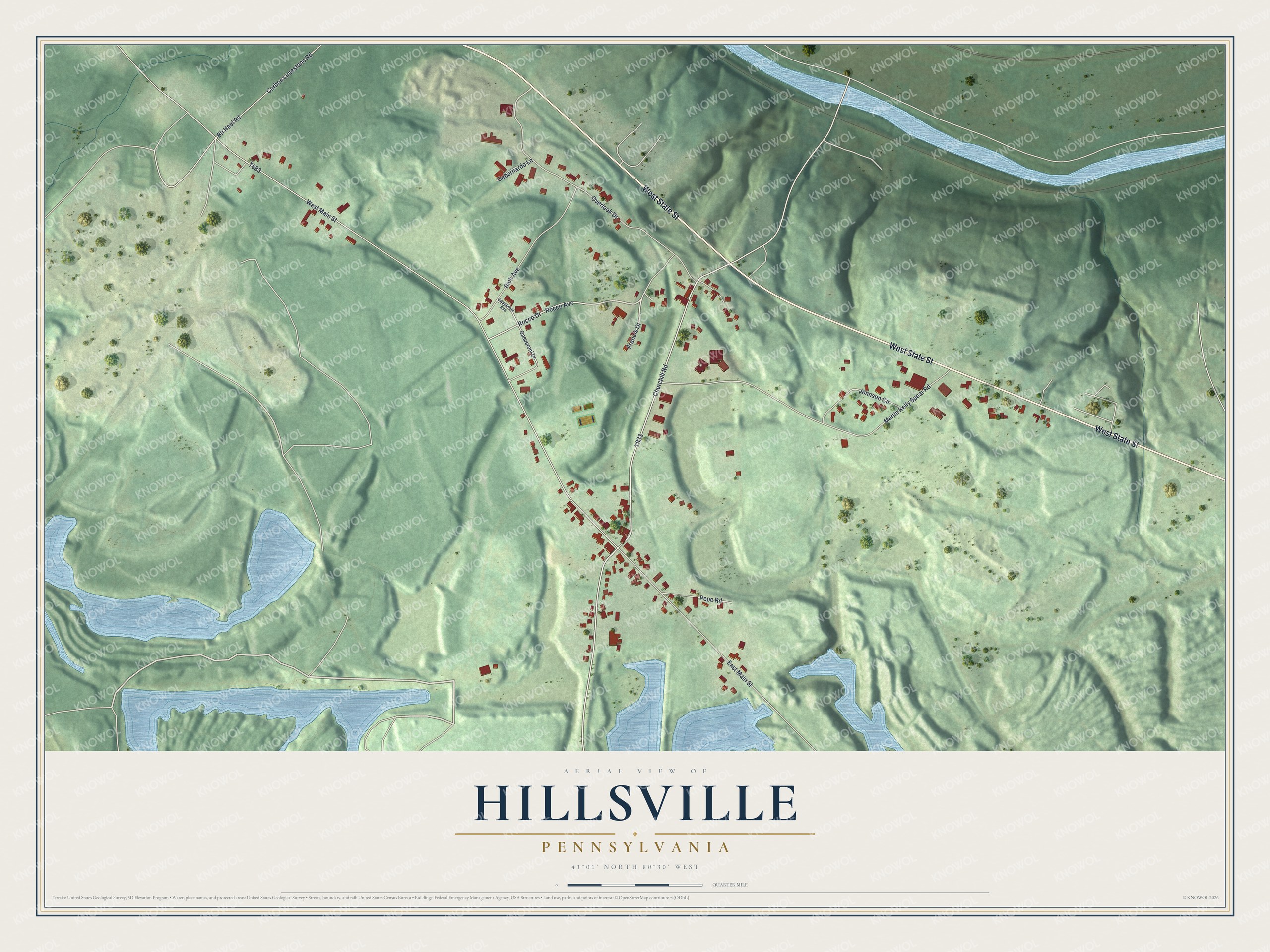 Full map of Hillsville, Pennsylvania, with red buildings, printed street names and the land around them