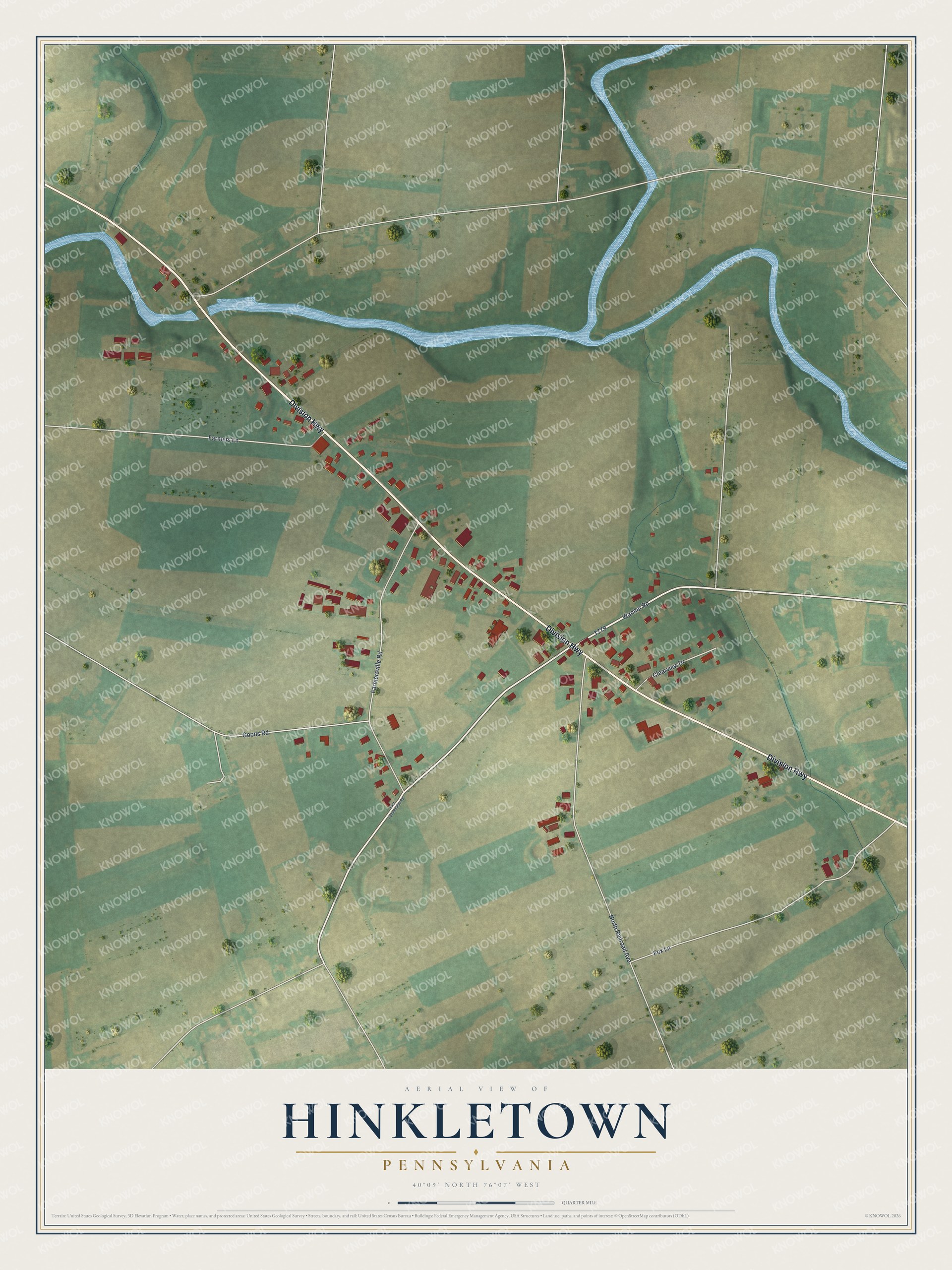 Full map of Hinkletown, Pennsylvania, with red buildings, printed street names and the land around them