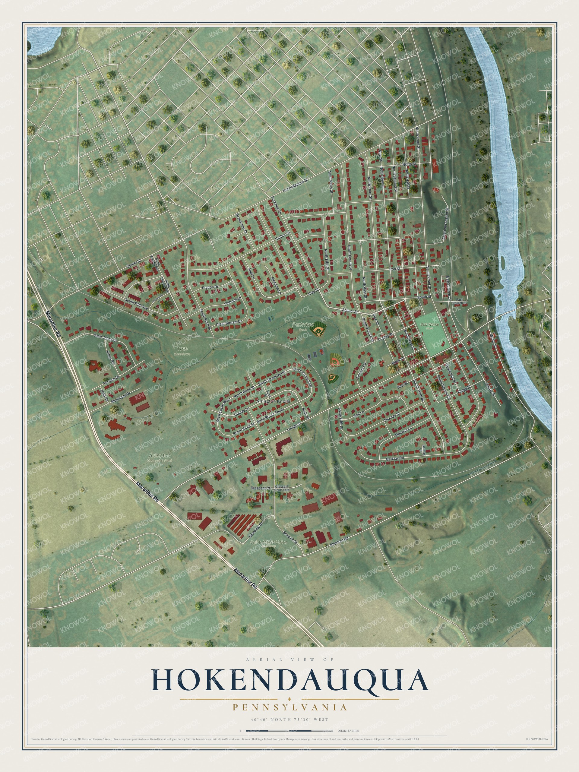 Full map of Hokendauqua, Pennsylvania, with red buildings, printed street names and the land around them