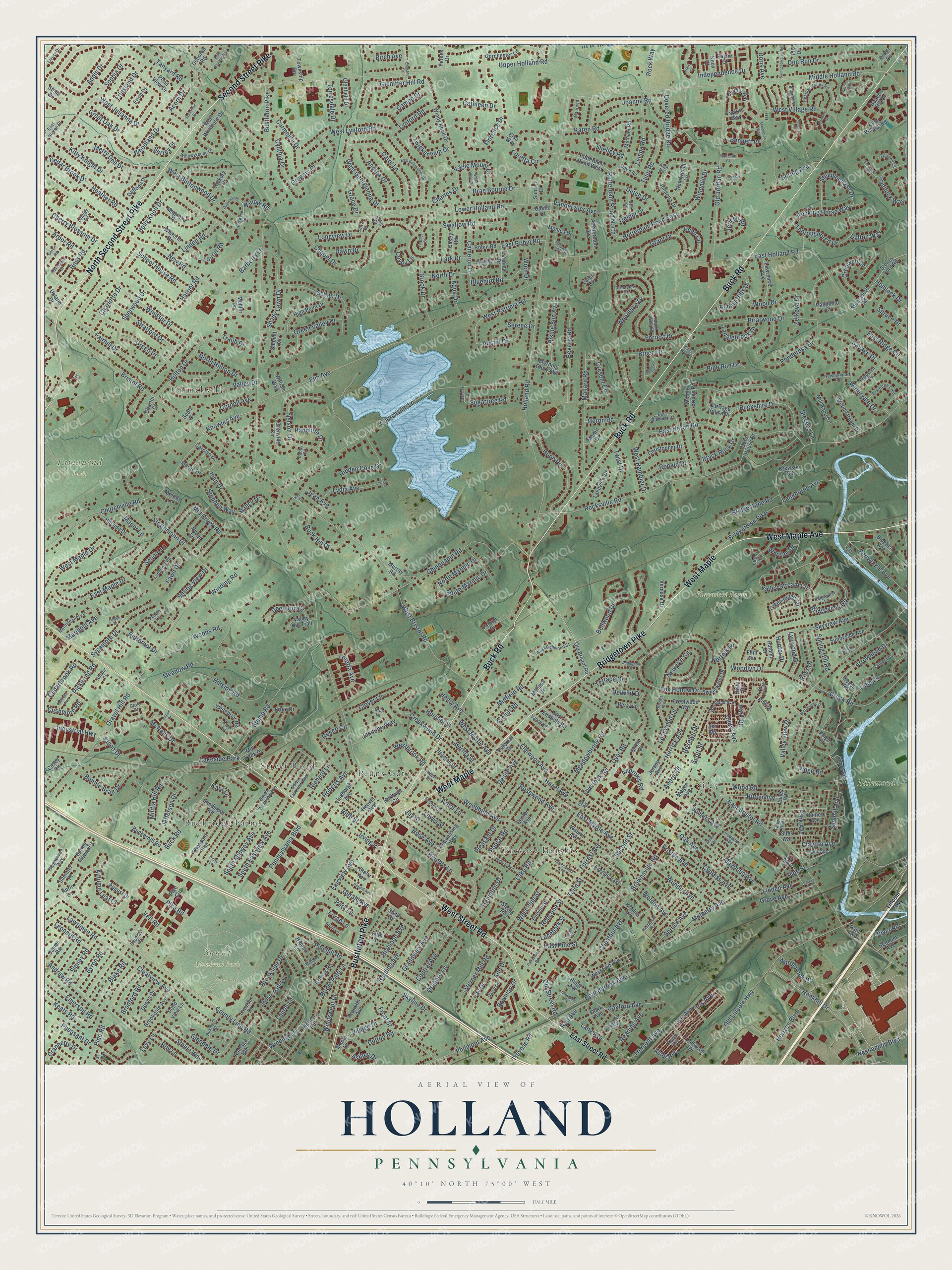 Full map of Holland, Pennsylvania, with red buildings, printed street names and the land around them