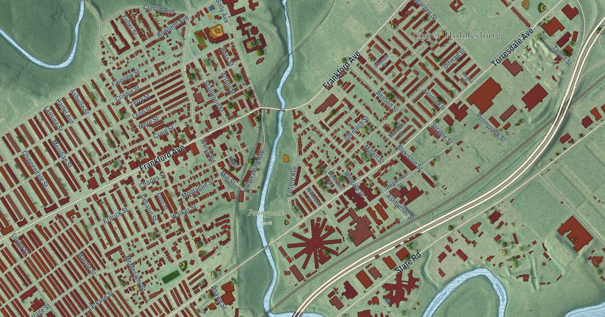 Close-up of streets and buildings in Holmesburg, Pennsylvania