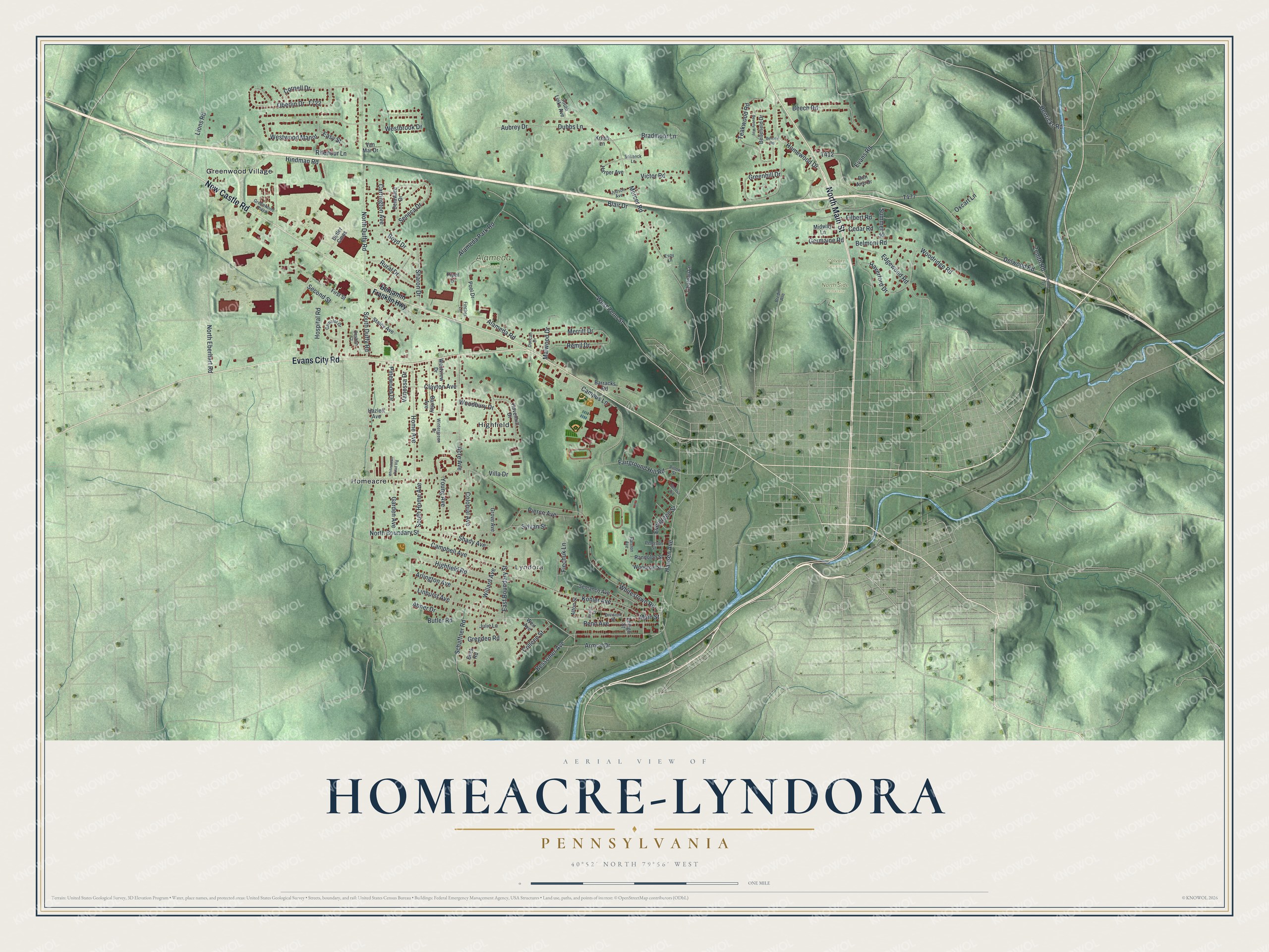Full map of Homeacre-Lyndora, Pennsylvania, with red buildings, printed street names and the land around them