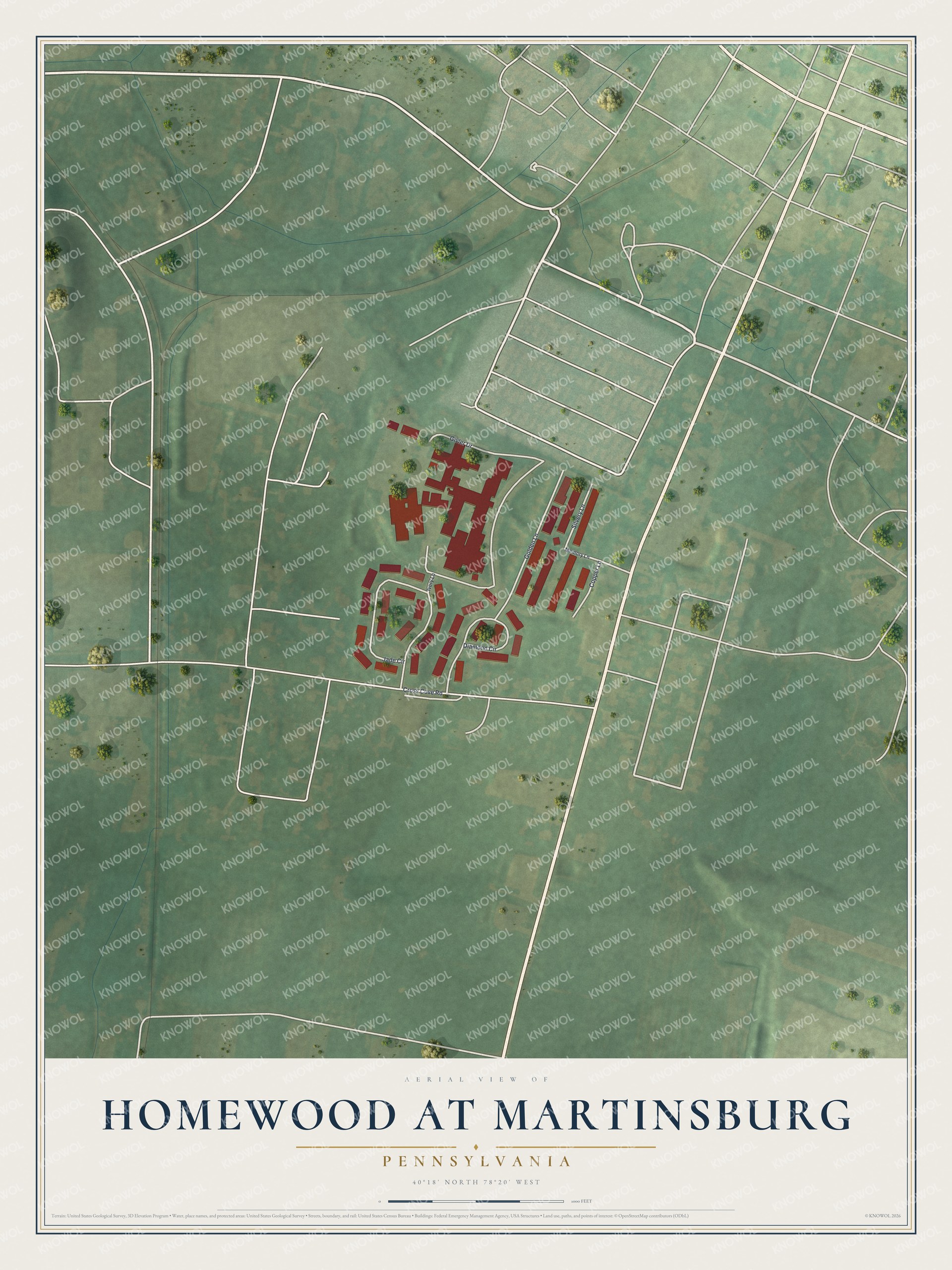 Full map of Homewood at Martinsburg, Pennsylvania, with red buildings, printed street names and the land around them