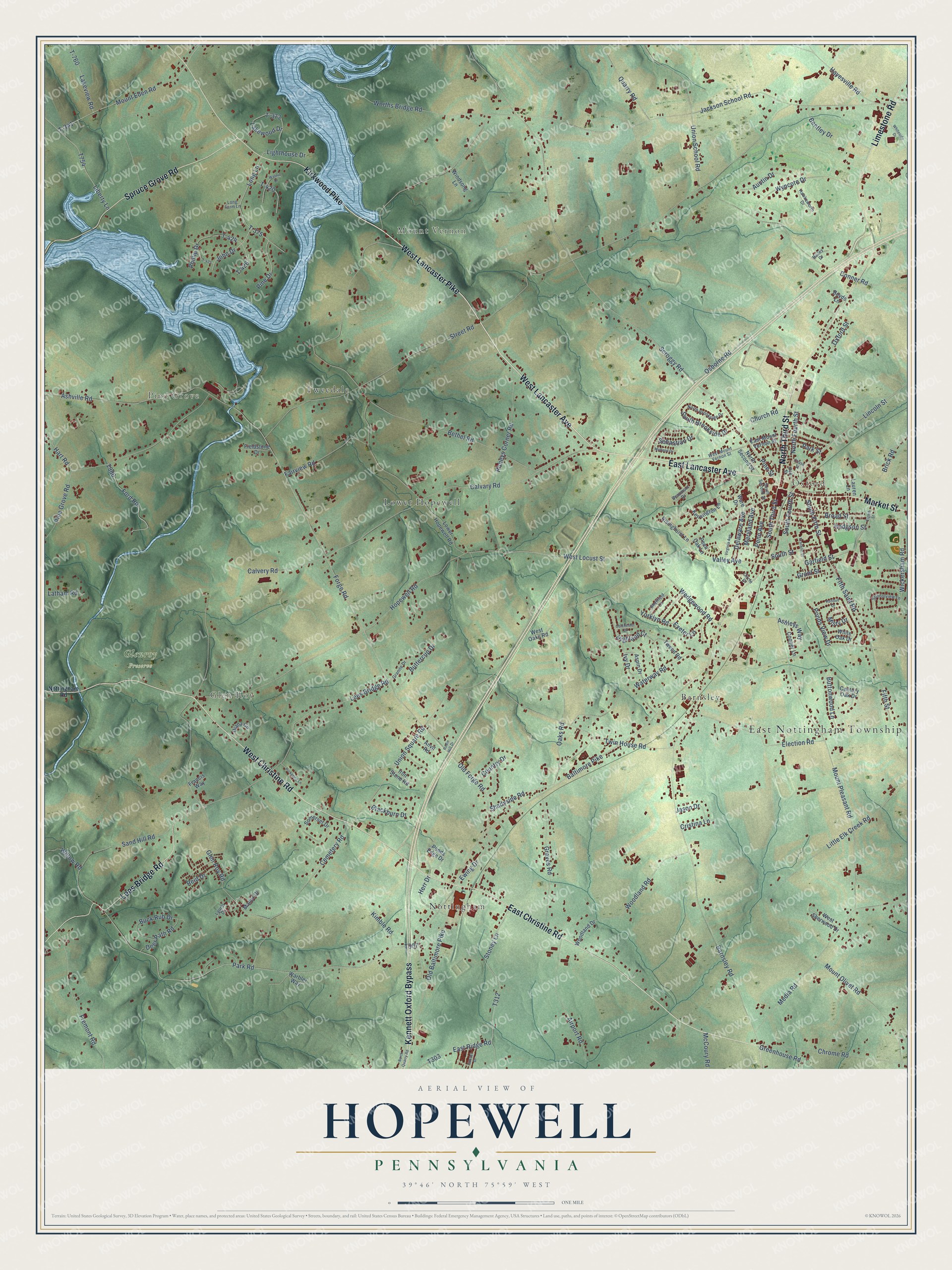 Full map of Hopewell, Pennsylvania, with red buildings, printed street names and the land around them