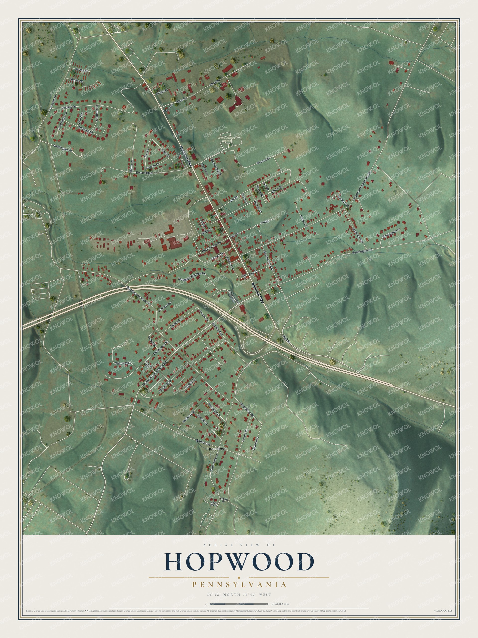Full map of Hopwood, Pennsylvania, with red buildings, printed street names and the land around them