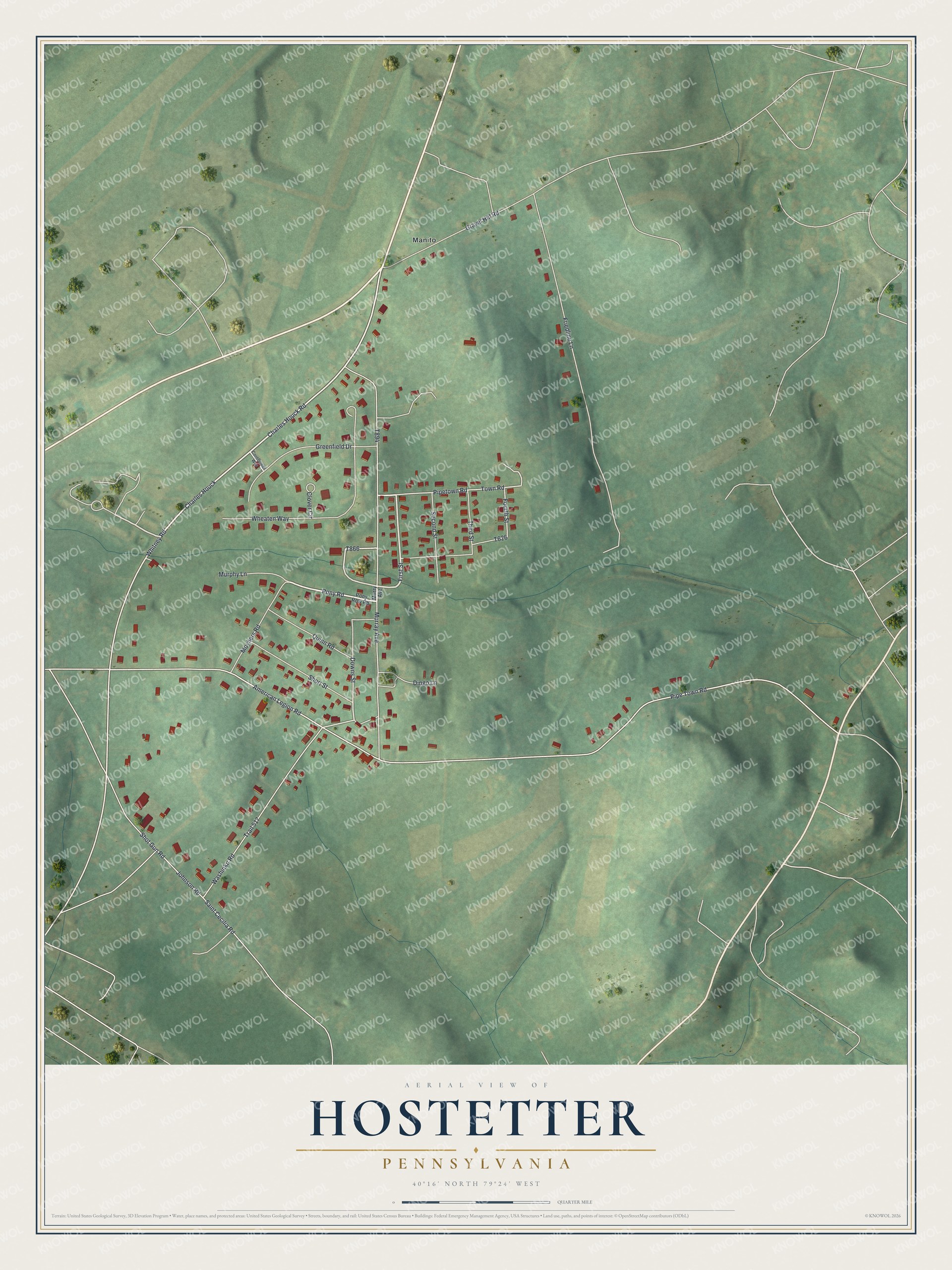 Full map of Hostetter, Pennsylvania, with red buildings, printed street names and the land around them