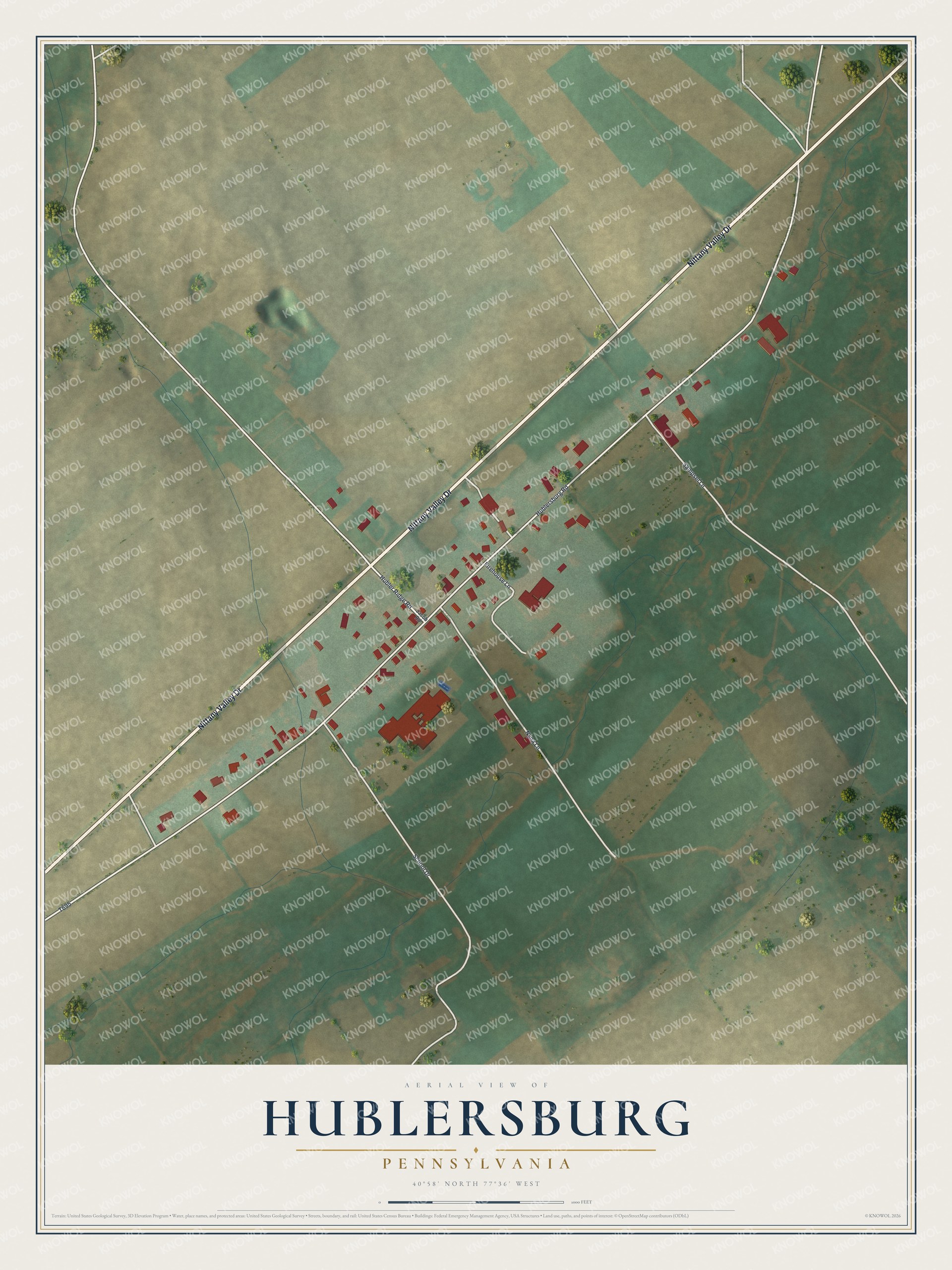 Full map of Hublersburg, Pennsylvania, with red buildings, printed street names and the land around them