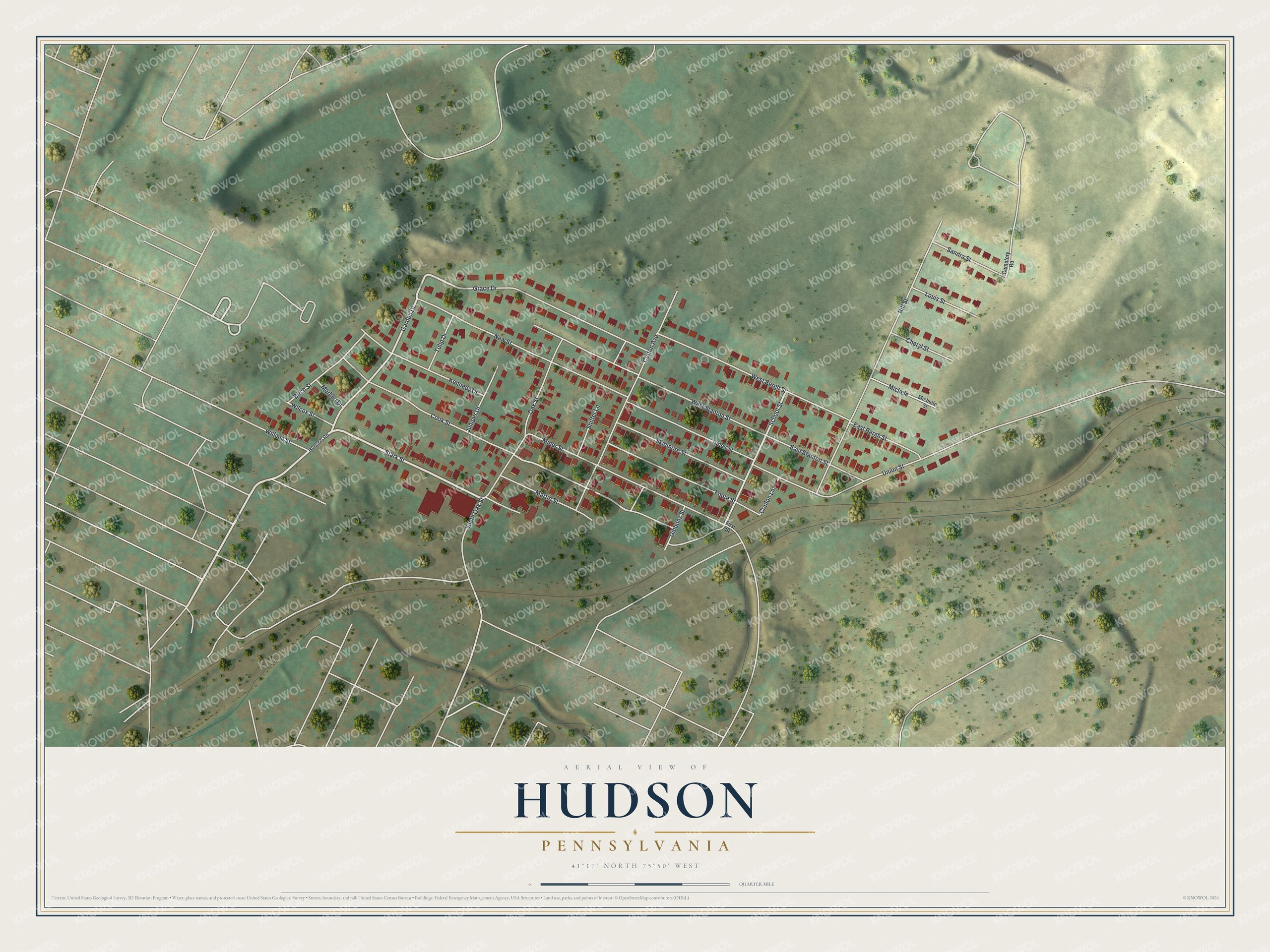 Full map of Hudson, Pennsylvania, with red buildings, printed street names and the land around them