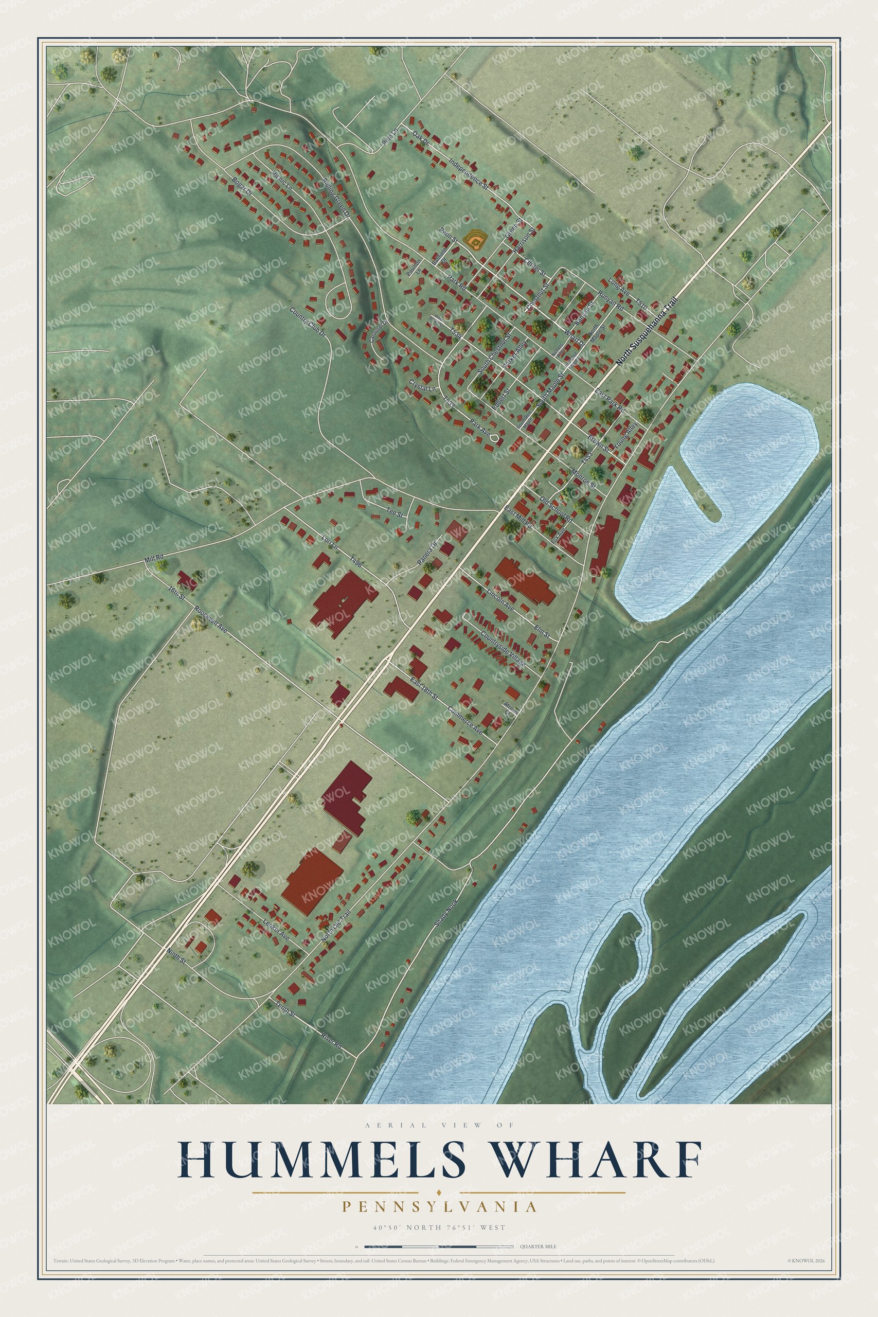 Full map of Hummels Wharf, Pennsylvania, with red buildings, printed street names and the land around them