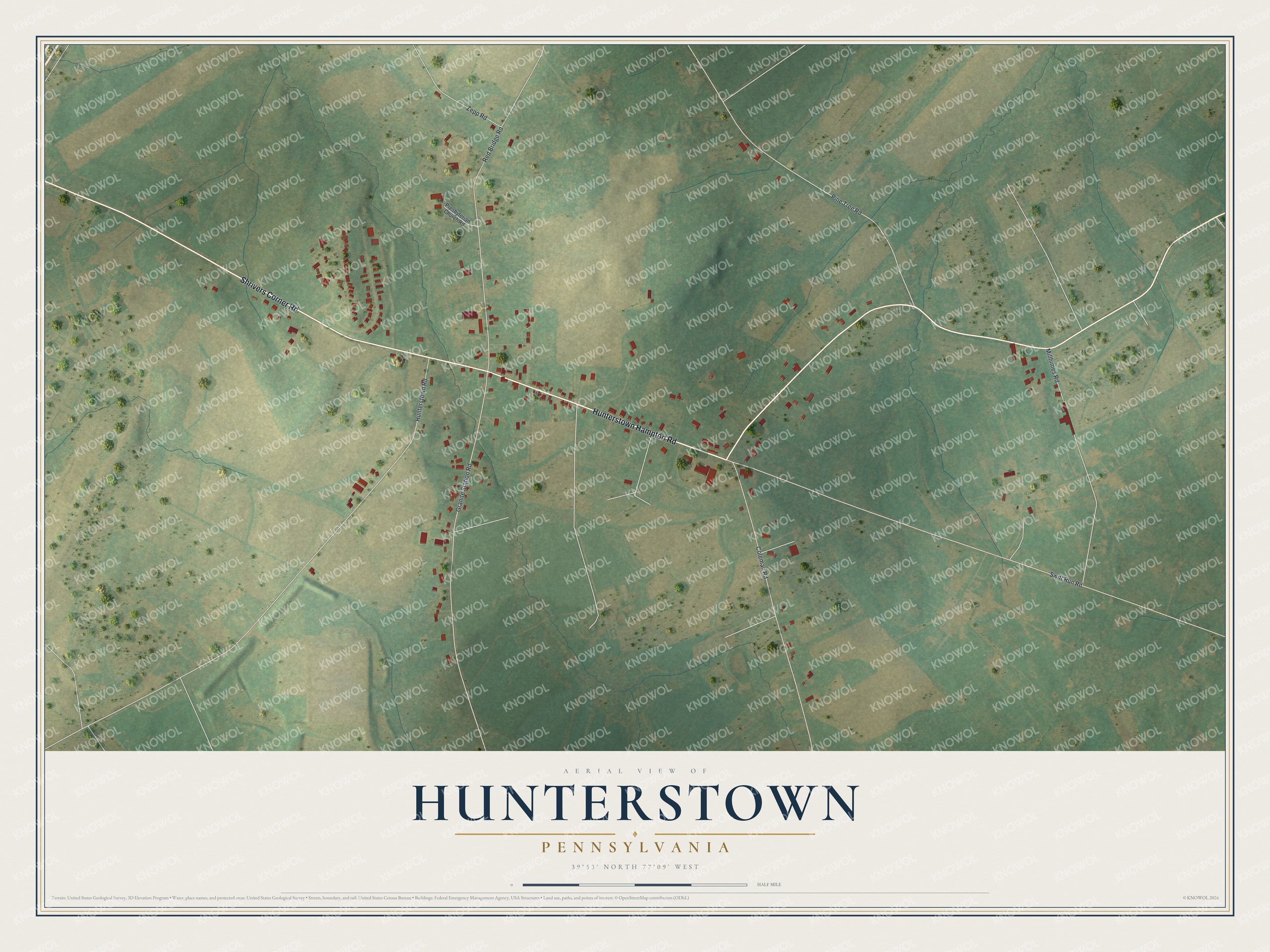 Full map of Hunterstown, Pennsylvania, with red buildings, printed street names and the land around them
