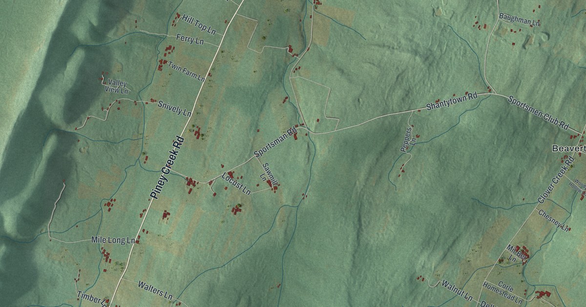 Close-up of streets and buildings in Huston, Blair County, Pennsylvania