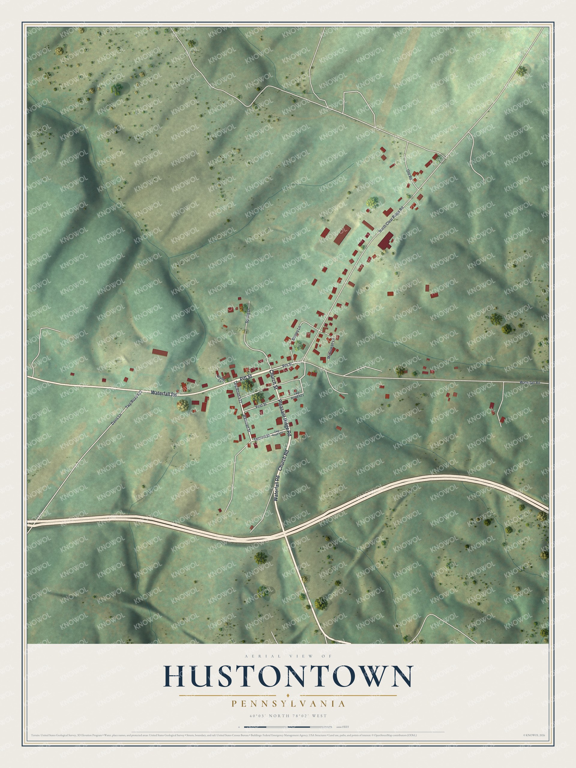 Full map of Hustontown, Pennsylvania, with red buildings, printed street names and the land around them