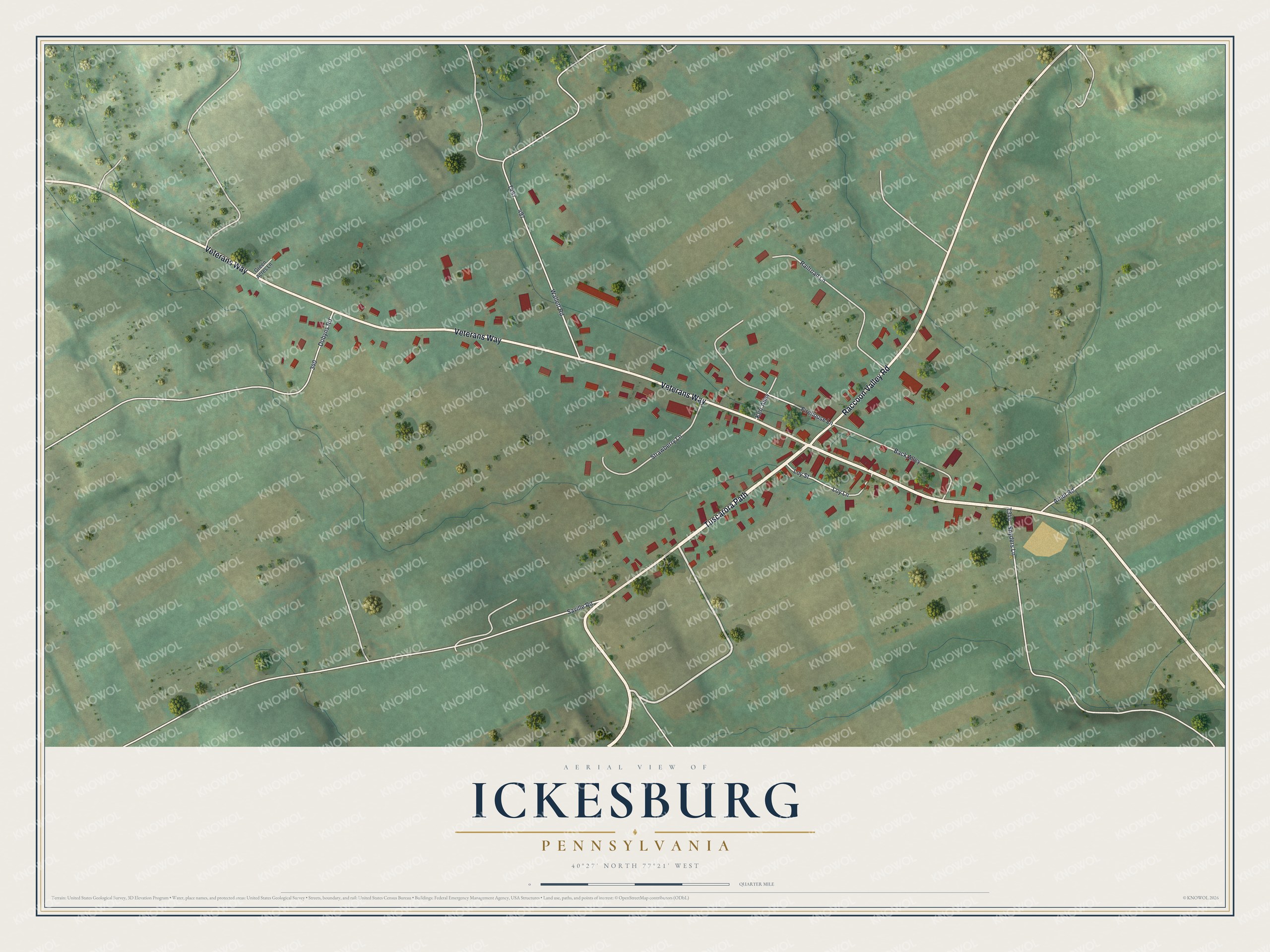 Full map of Ickesburg, Pennsylvania, with red buildings, printed street names and the land around them