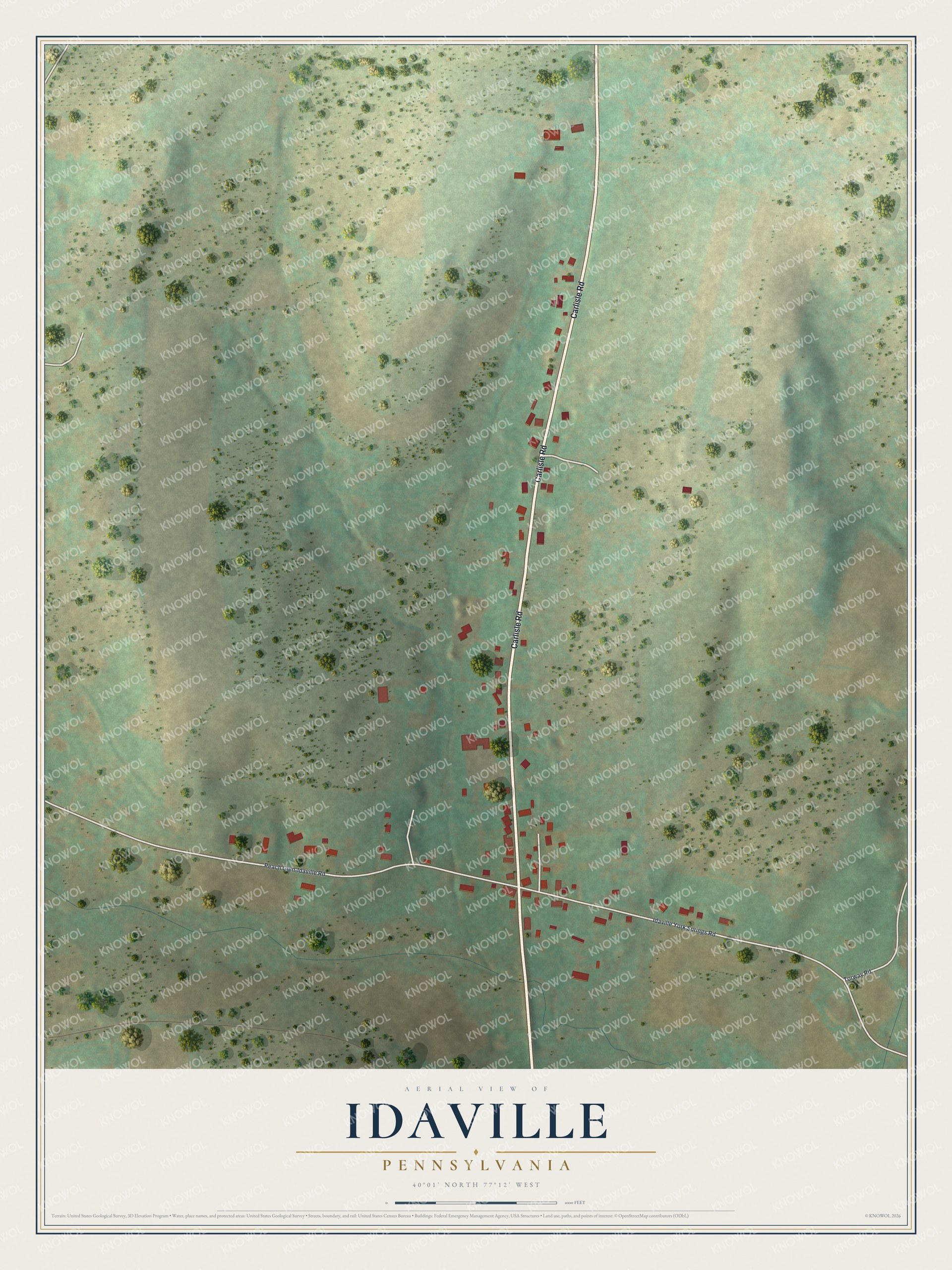Full map of Idaville, Pennsylvania, with red buildings, printed street names and the land around them