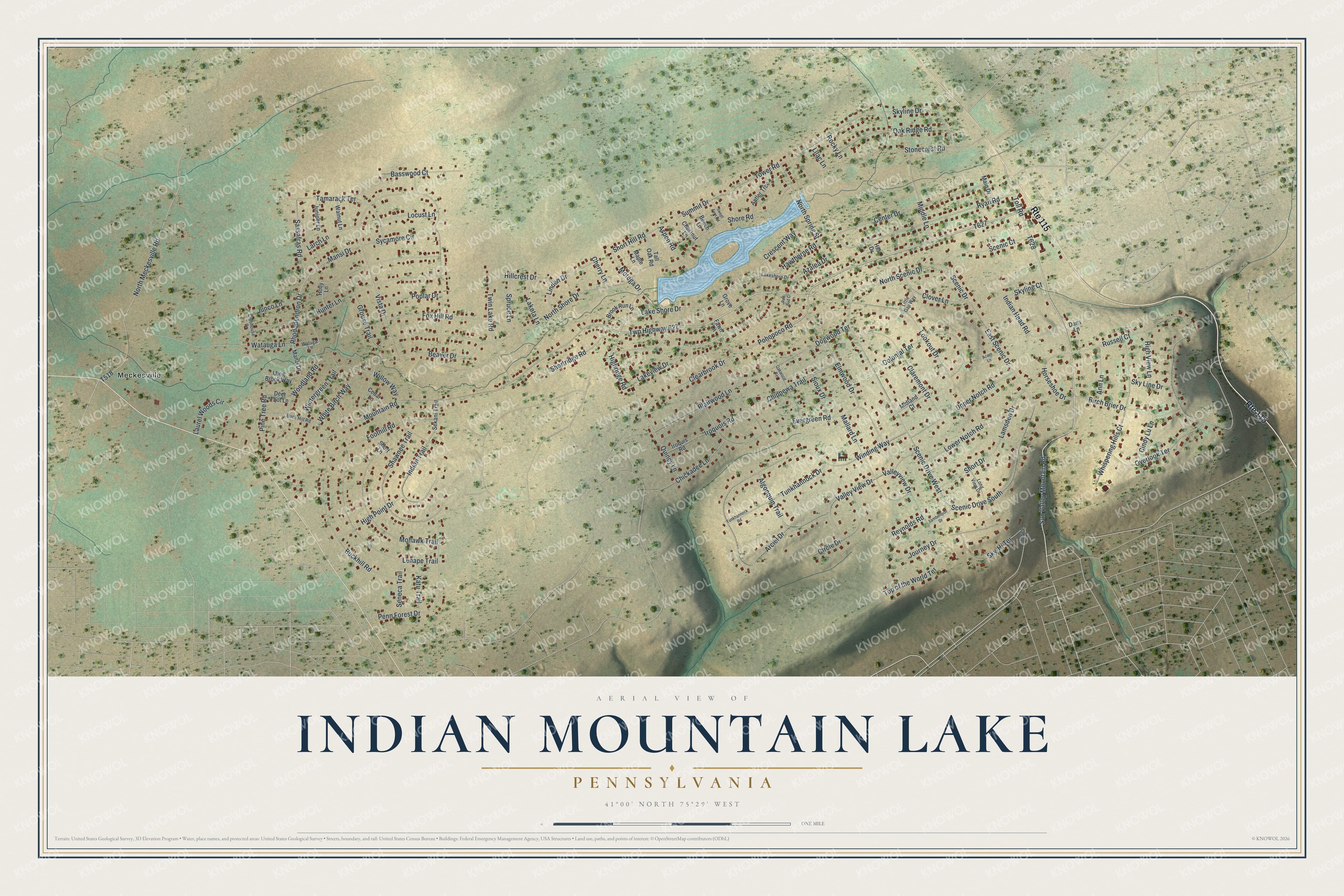 Full map of Indian Mountain Lake, Pennsylvania, with red buildings, printed street names and the land around them