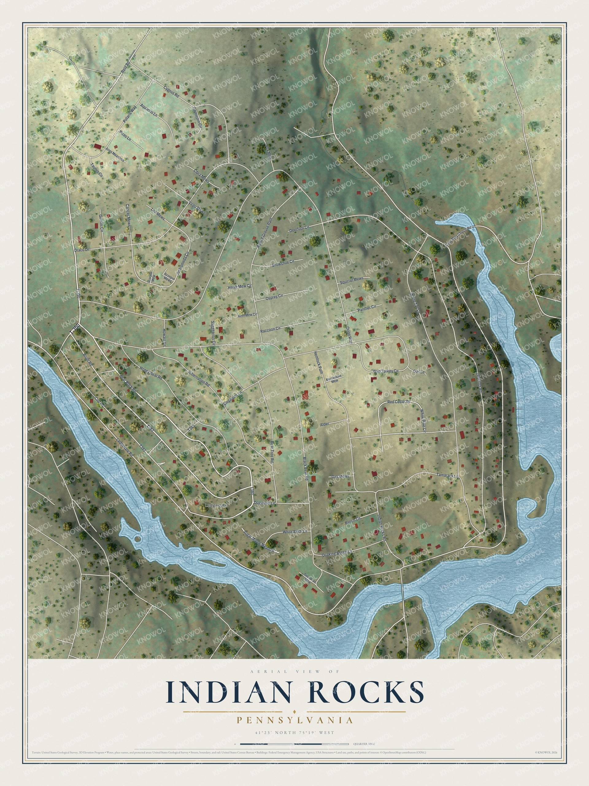 Full map of Indian Rocks, Pennsylvania, with red buildings, printed street names and the land around them
