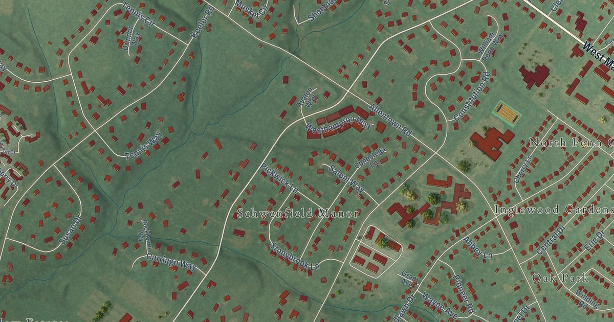 Close-up of streets and buildings in Inglewood, Pennsylvania
