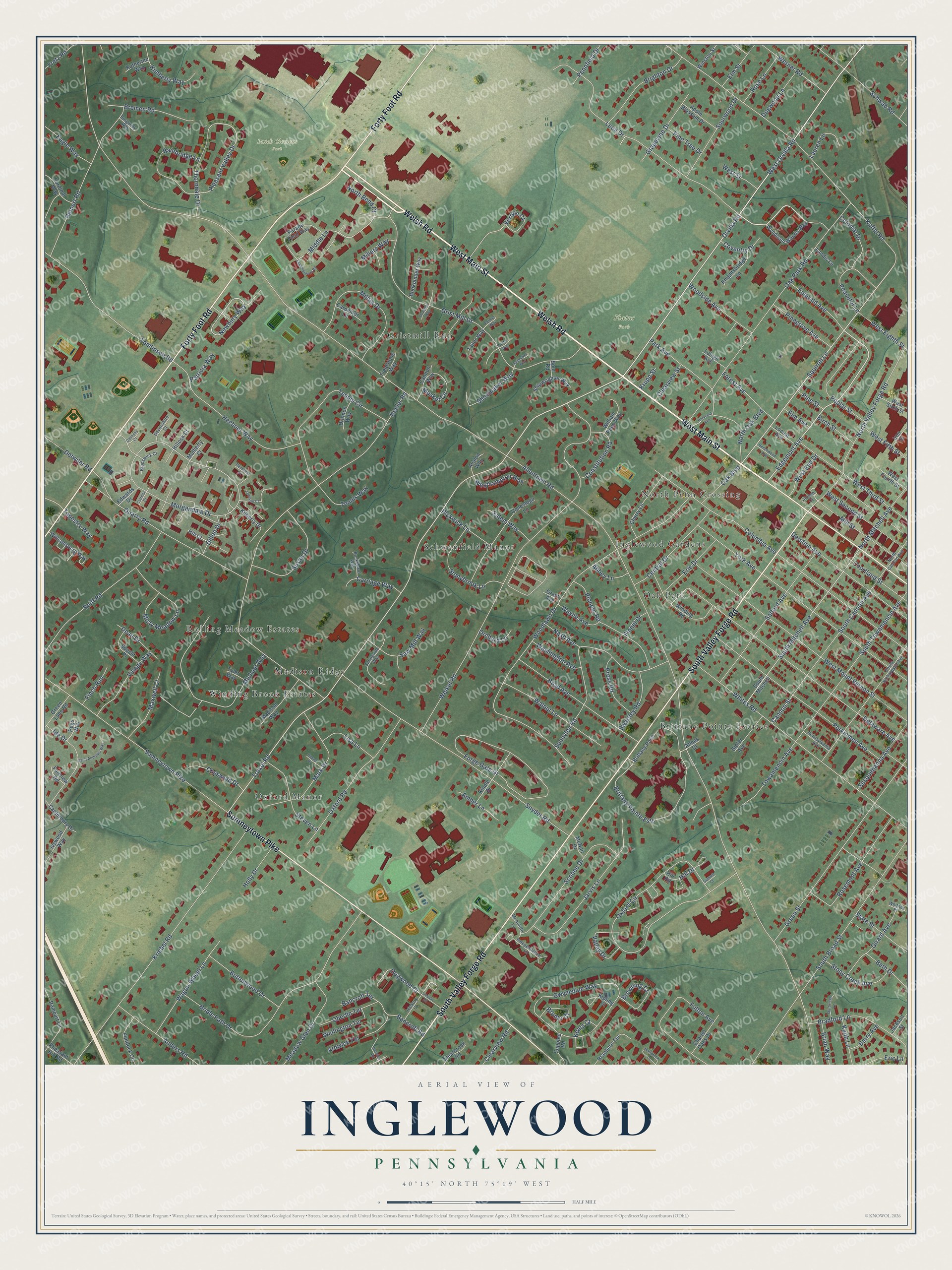 Full map of Inglewood, Pennsylvania, with red buildings, printed street names and the land around them