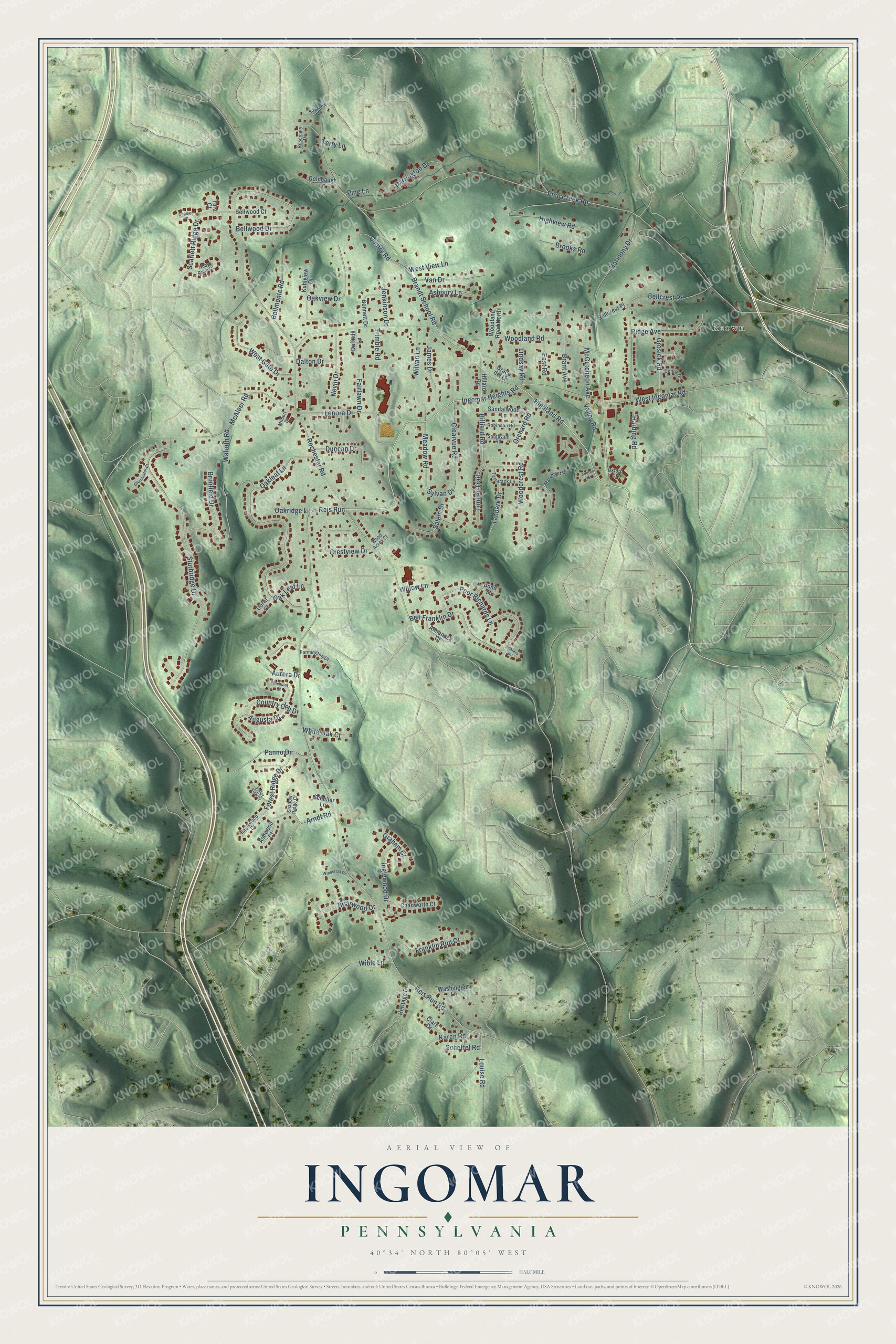 Full map of Ingomar, Pennsylvania, with red buildings, printed street names and the land around them