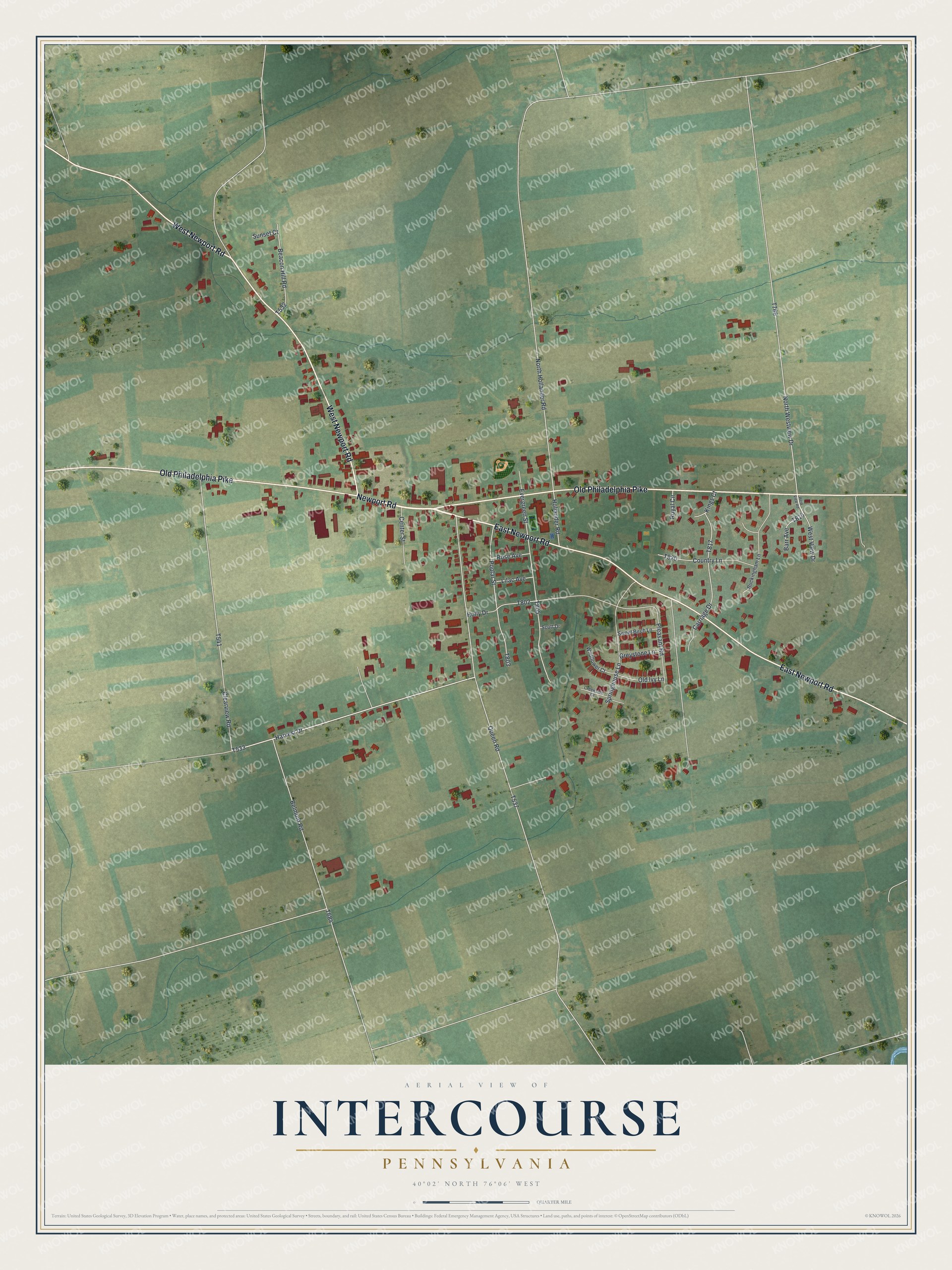 Full map of Intercourse, Pennsylvania, with red buildings, printed street names and the land around them
