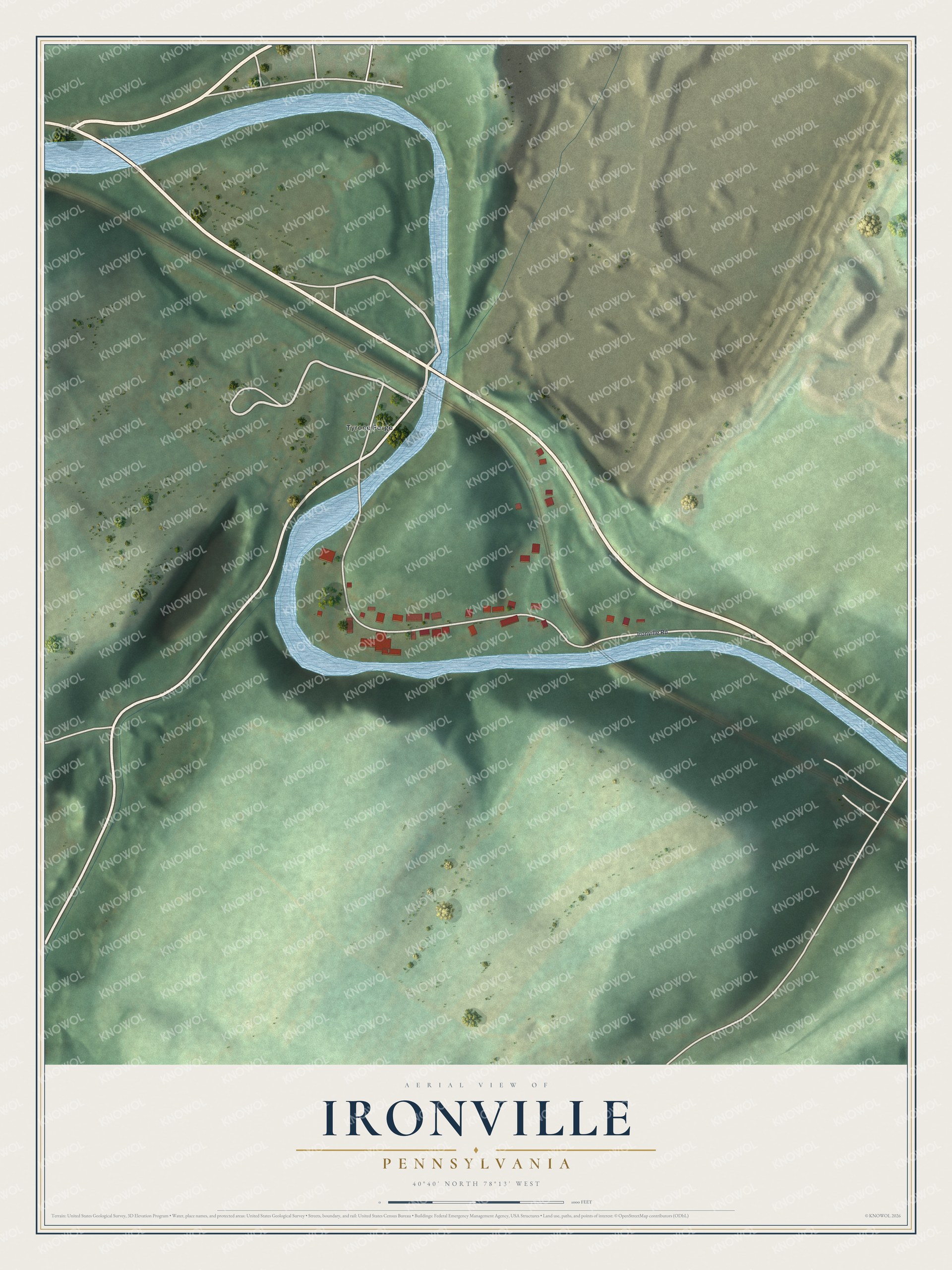 Full map of Ironville, Pennsylvania, with red buildings, printed street names and the land around them