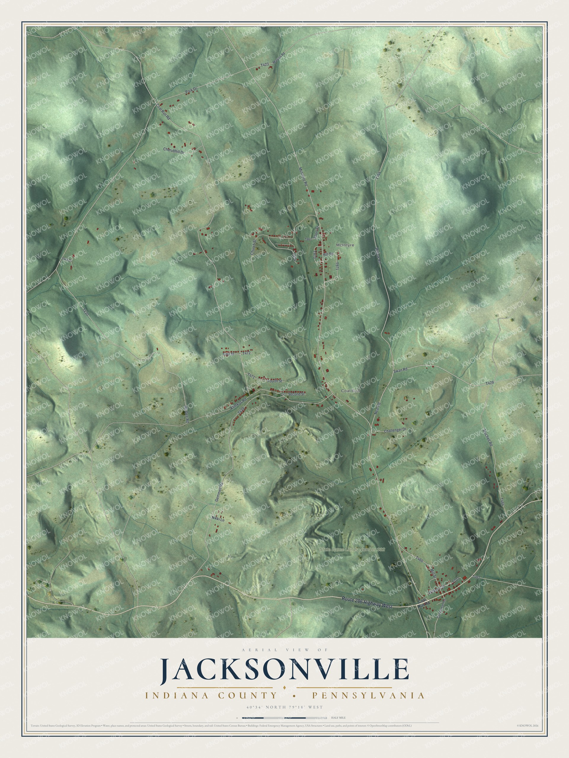 Full map of Jacksonville, Pennsylvania, with red buildings, printed street names and the land around them