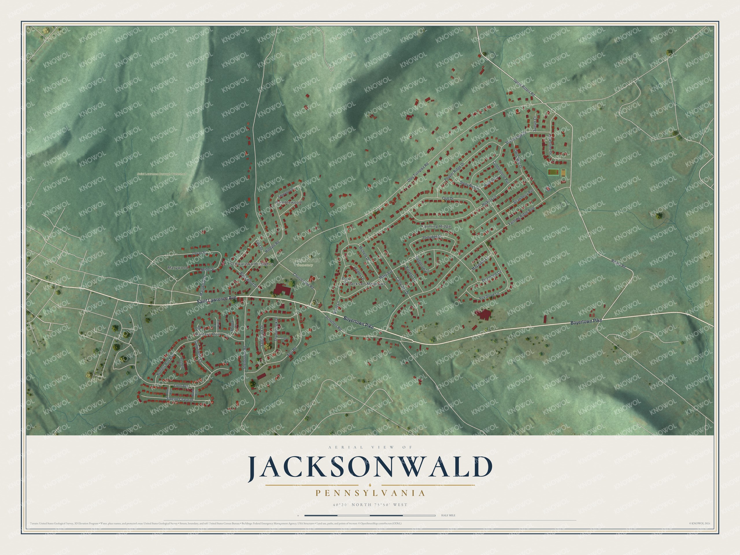 Full map of Jacksonwald, Pennsylvania, with red buildings, printed street names and the land around them