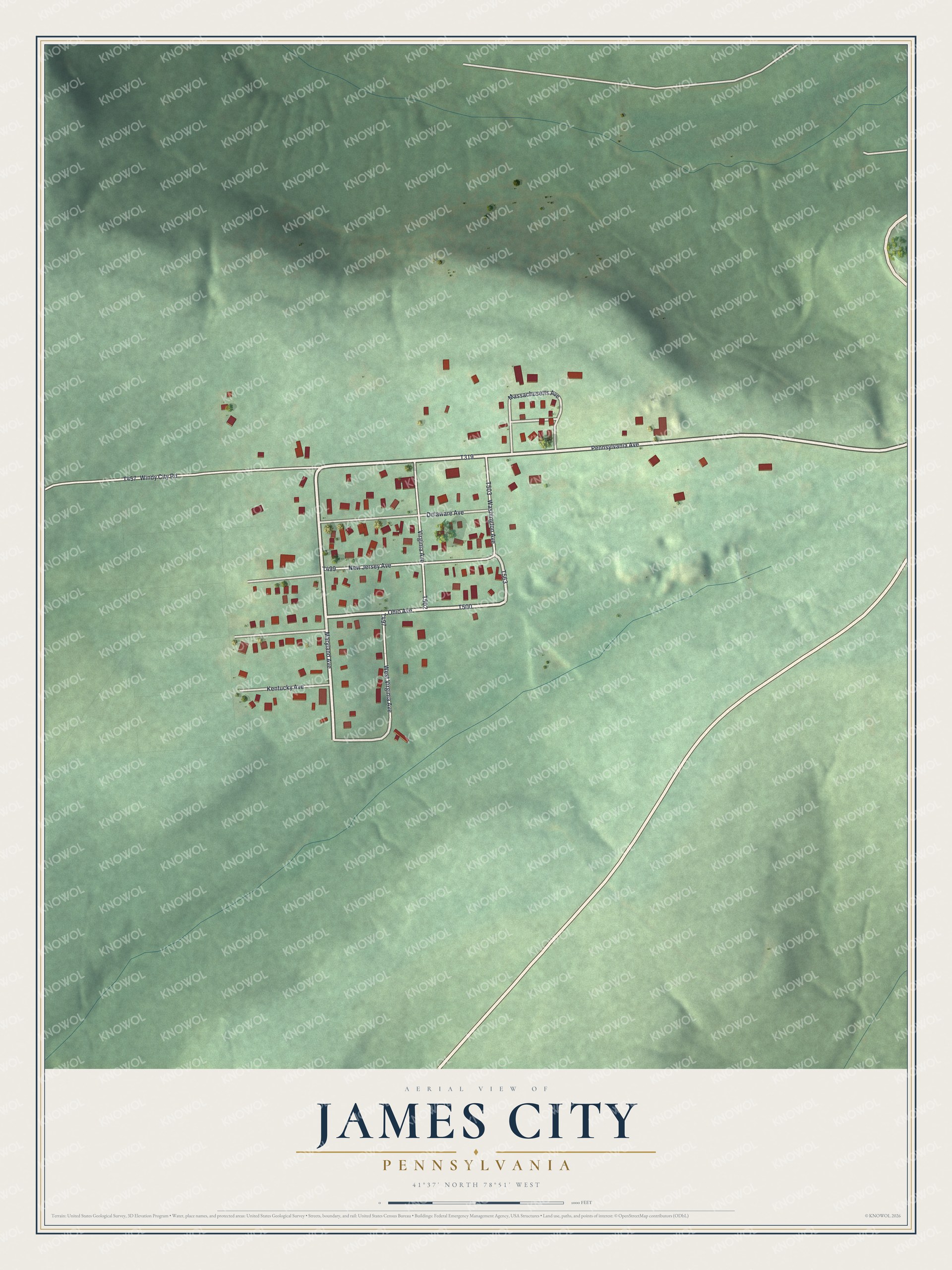 Full map of James City, Pennsylvania, with red buildings, printed street names and the land around them