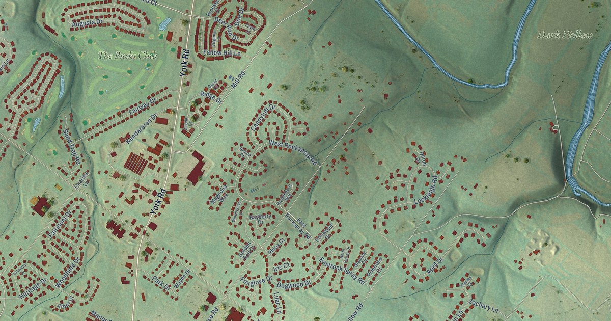 Close-up of streets and buildings in Jamison, Pennsylvania