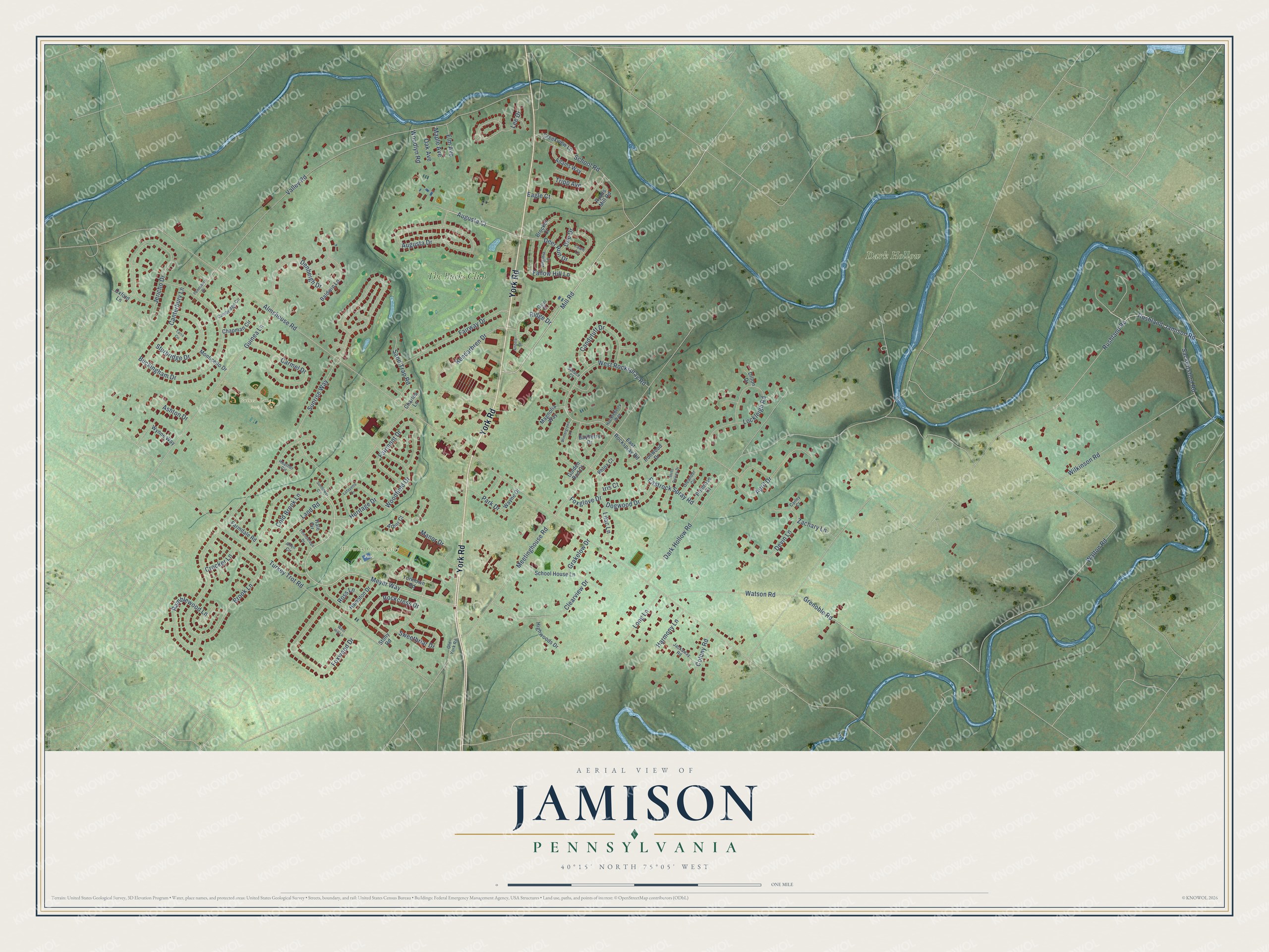 Full map of Jamison, Pennsylvania, with red buildings, printed street names and the land around them