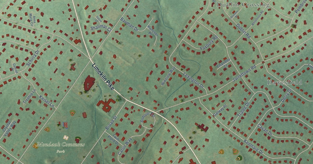 Close-up of streets and buildings in Jarrettown, Pennsylvania