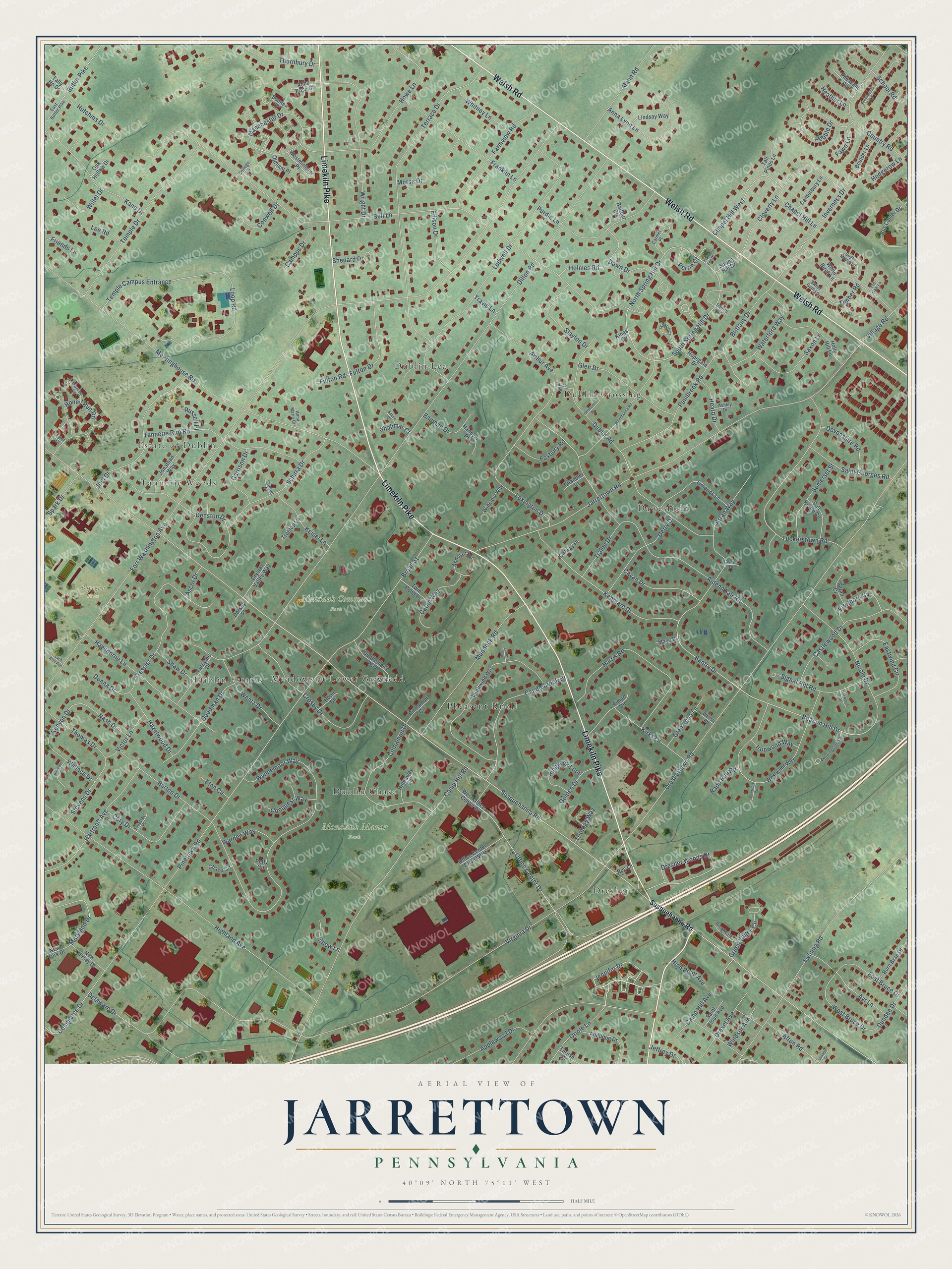 Full map of Jarrettown, Pennsylvania, with red buildings, printed street names and the land around them