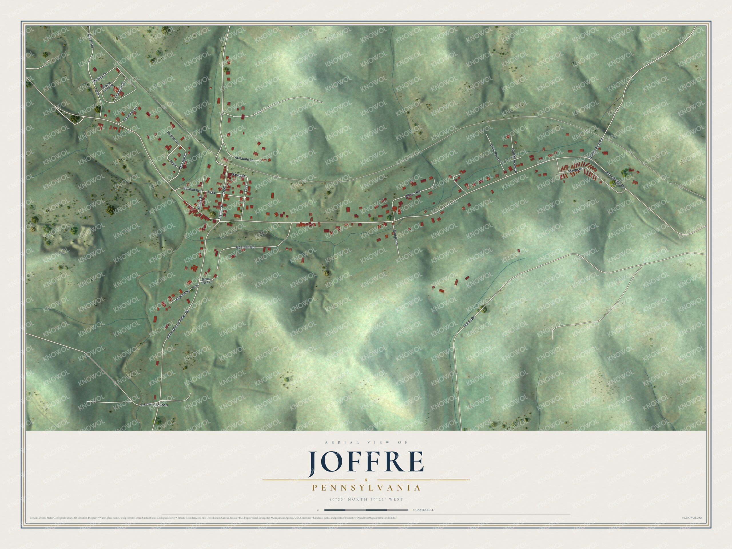 Full map of Joffre, Pennsylvania, with red buildings, printed street names and the land around them