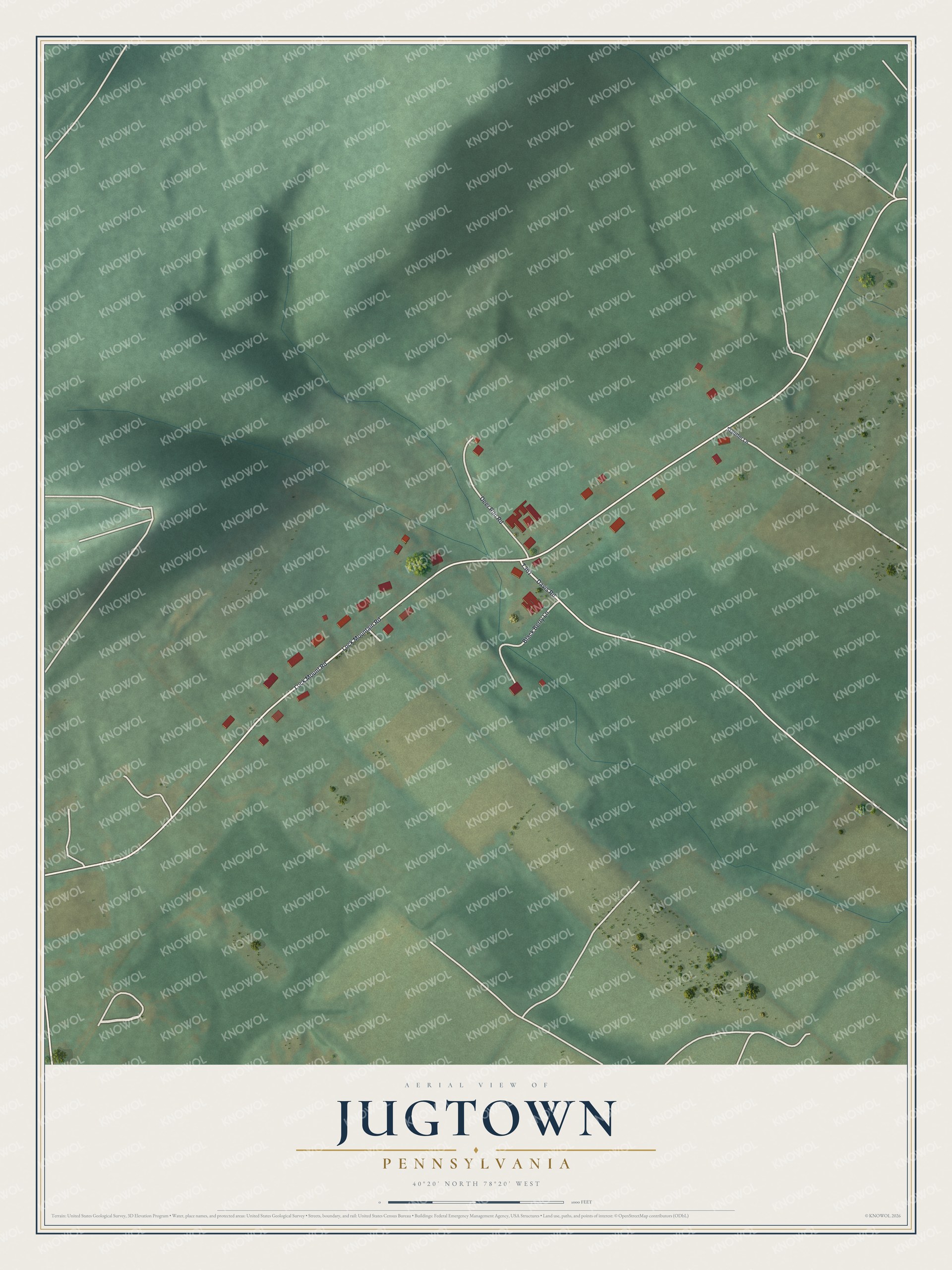 Full map of Jugtown, Pennsylvania, with red buildings, printed street names and the land around them