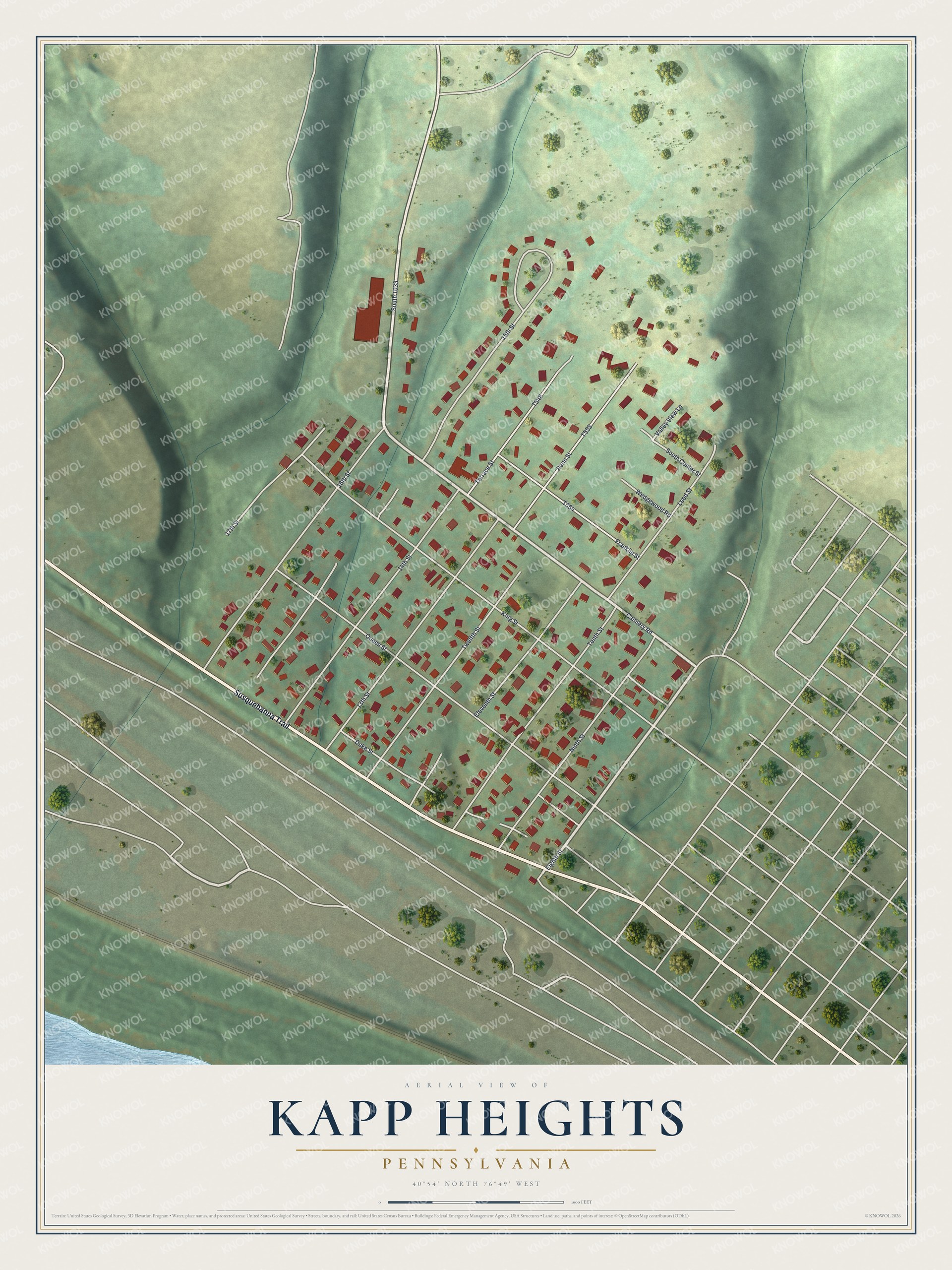 Full map of Kapp Heights, Pennsylvania, with red buildings, printed street names and the land around them