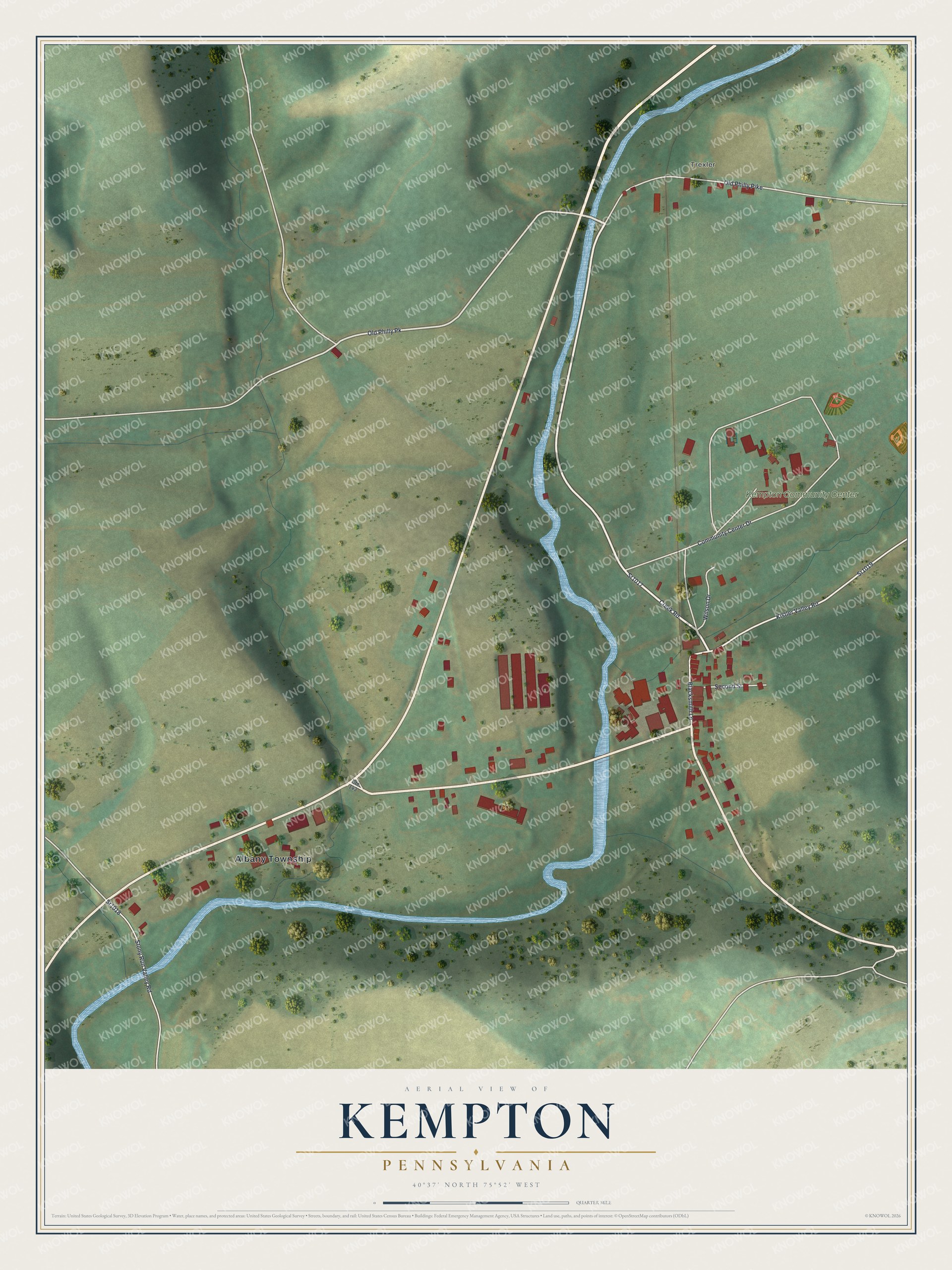 Full map of Kempton, Pennsylvania, with red buildings, printed street names and the land around them