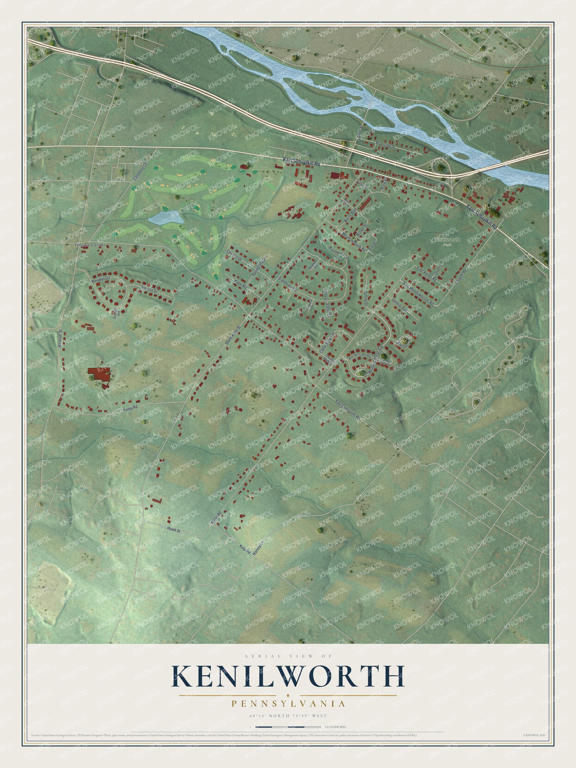 Full map of Kenilworth, Pennsylvania, with red buildings, printed street names and the land around them