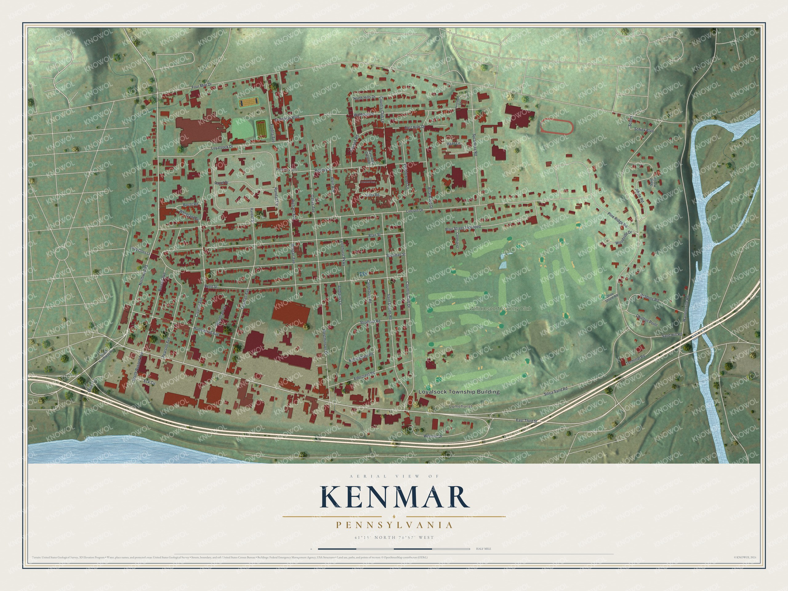 Full map of Kenmar, Pennsylvania, with red buildings, printed street names and the land around them