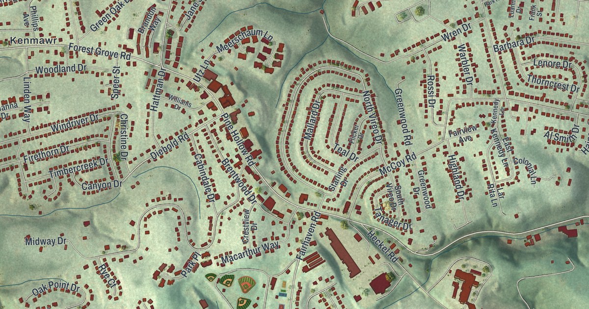 Close-up of streets and buildings in Kennedy, Pennsylvania