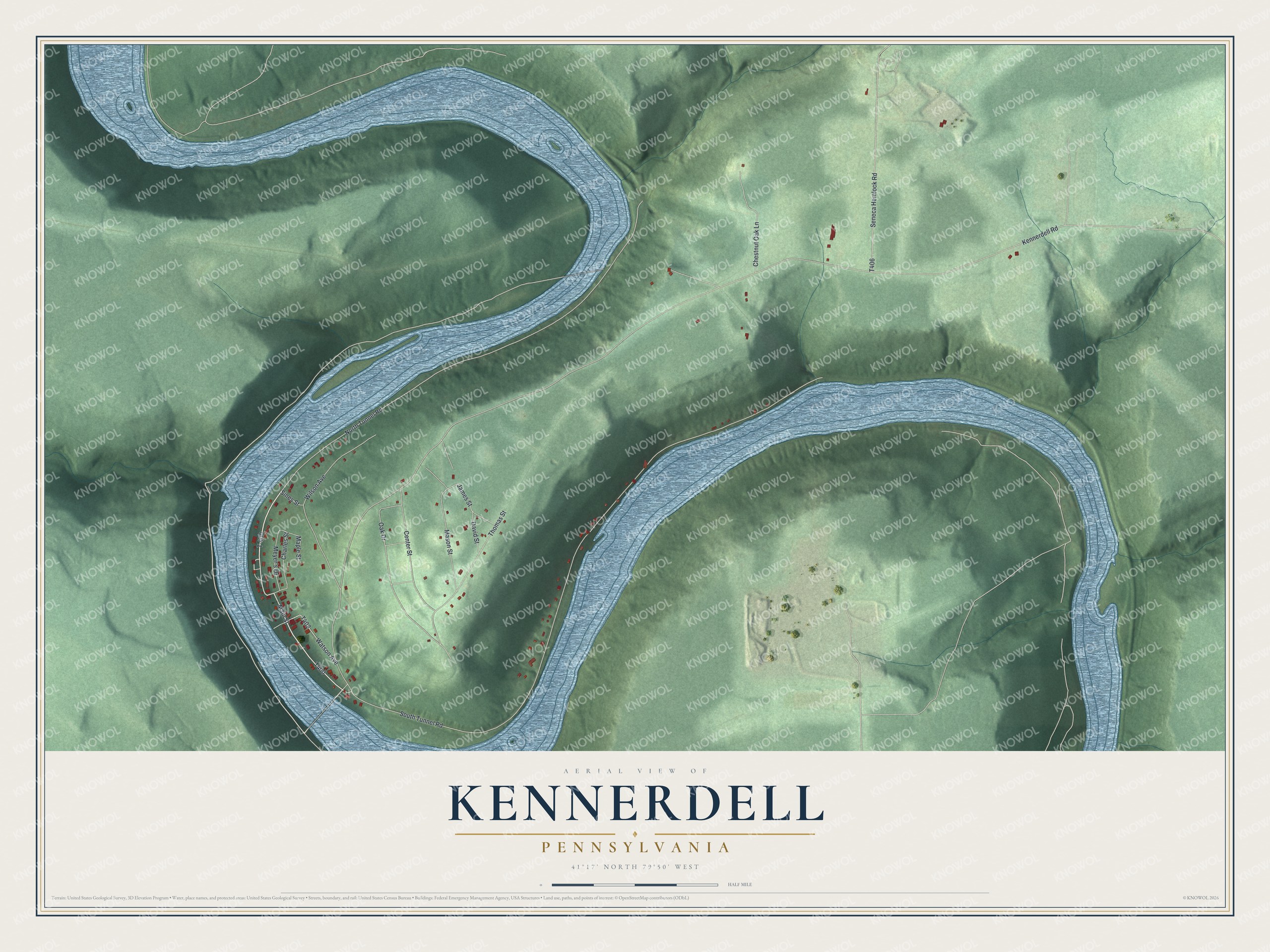 Full map of Kennerdell, Pennsylvania, with red buildings, printed street names and the land around them