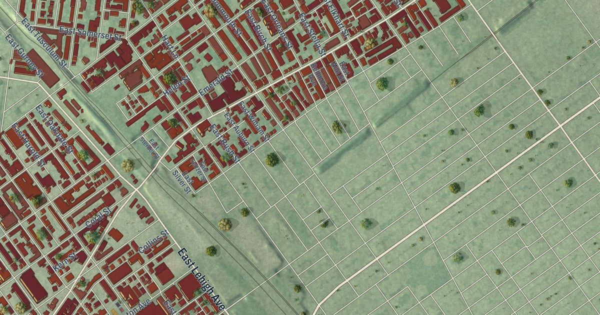 Close-up of streets and buildings in Kensington, Pennsylvania