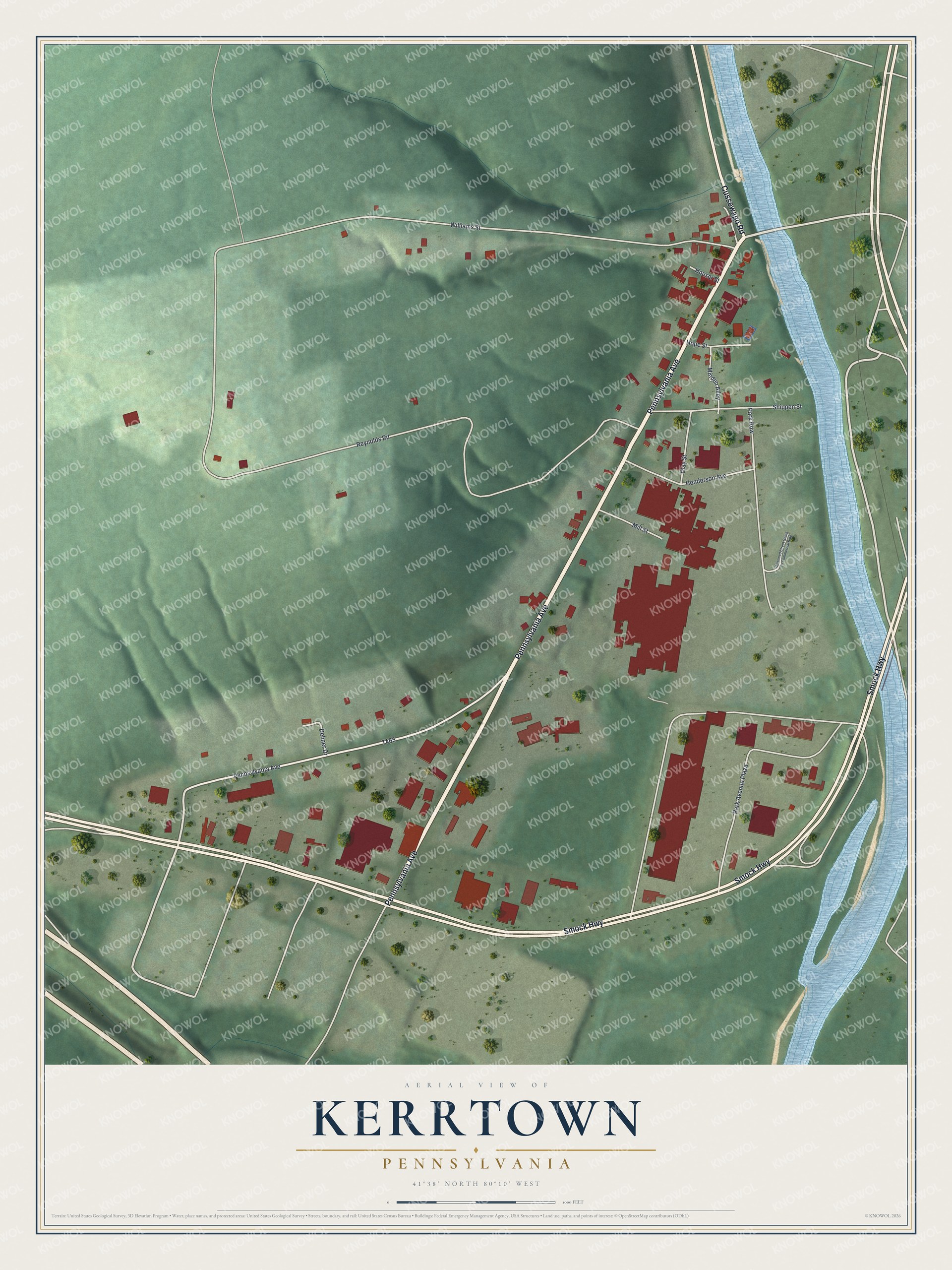 Full map of Kerrtown, Pennsylvania, with red buildings, printed street names and the land around them