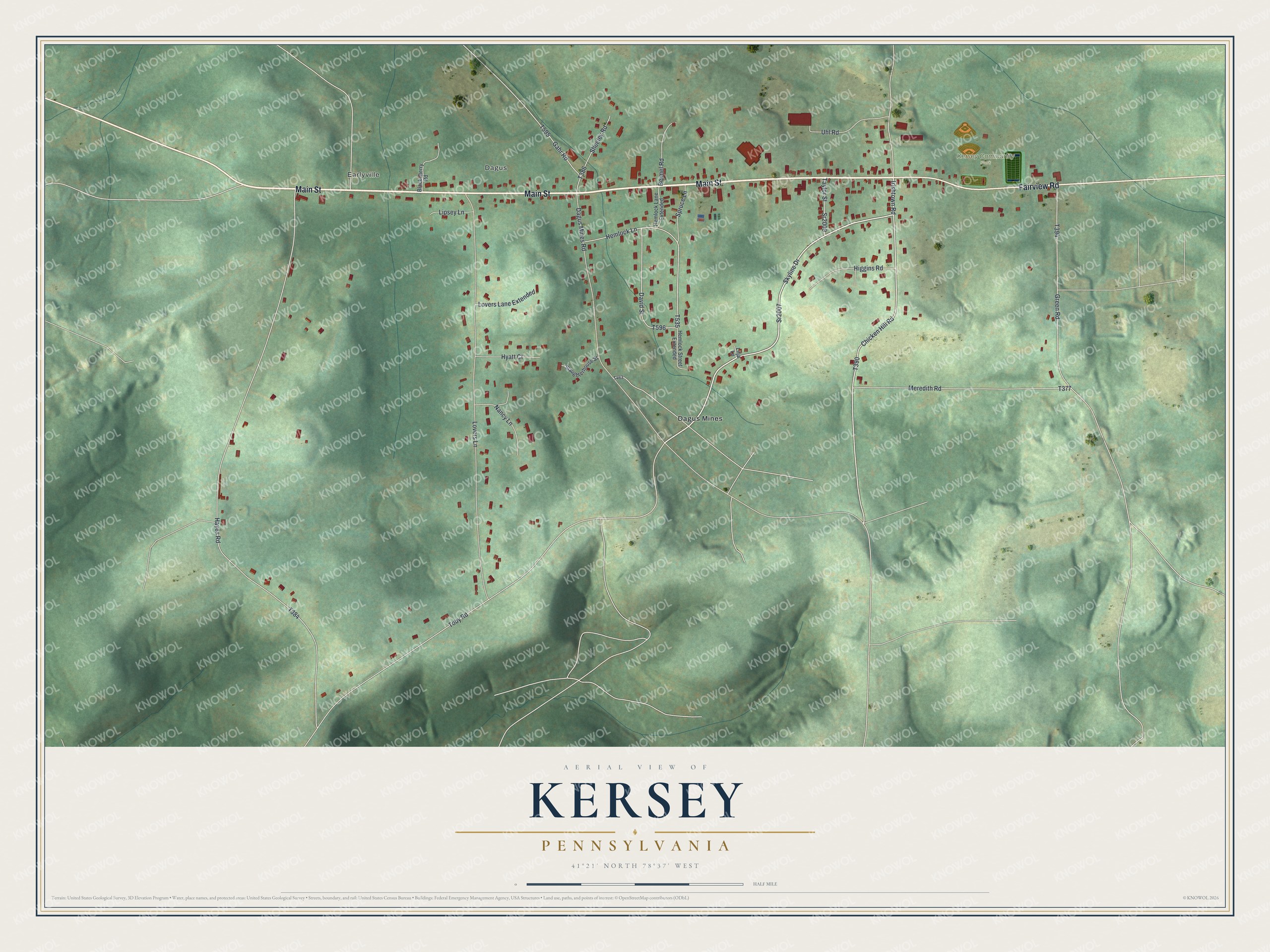 Full map of Kersey, Pennsylvania, with red buildings, printed street names and the land around them