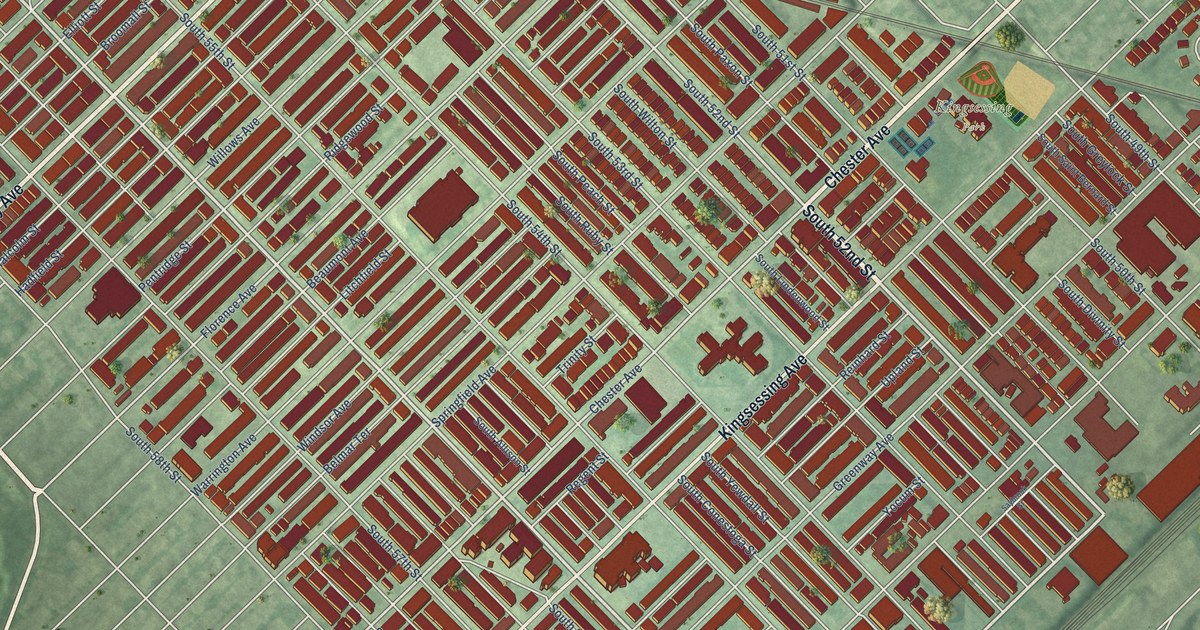 Close-up of streets and buildings in Kingsessing, Pennsylvania