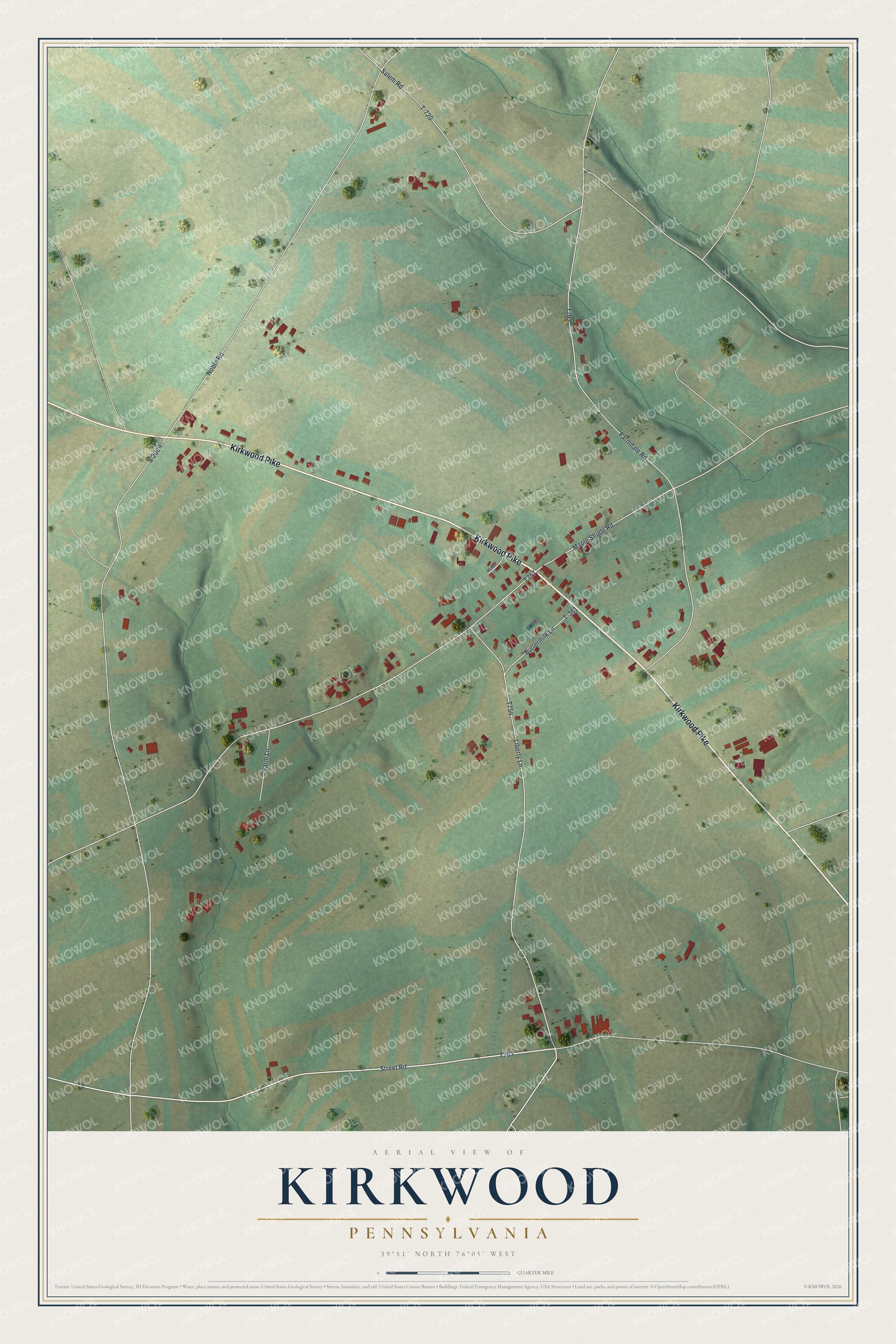 Full map of Kirkwood, Pennsylvania, with red buildings, printed street names and the land around them