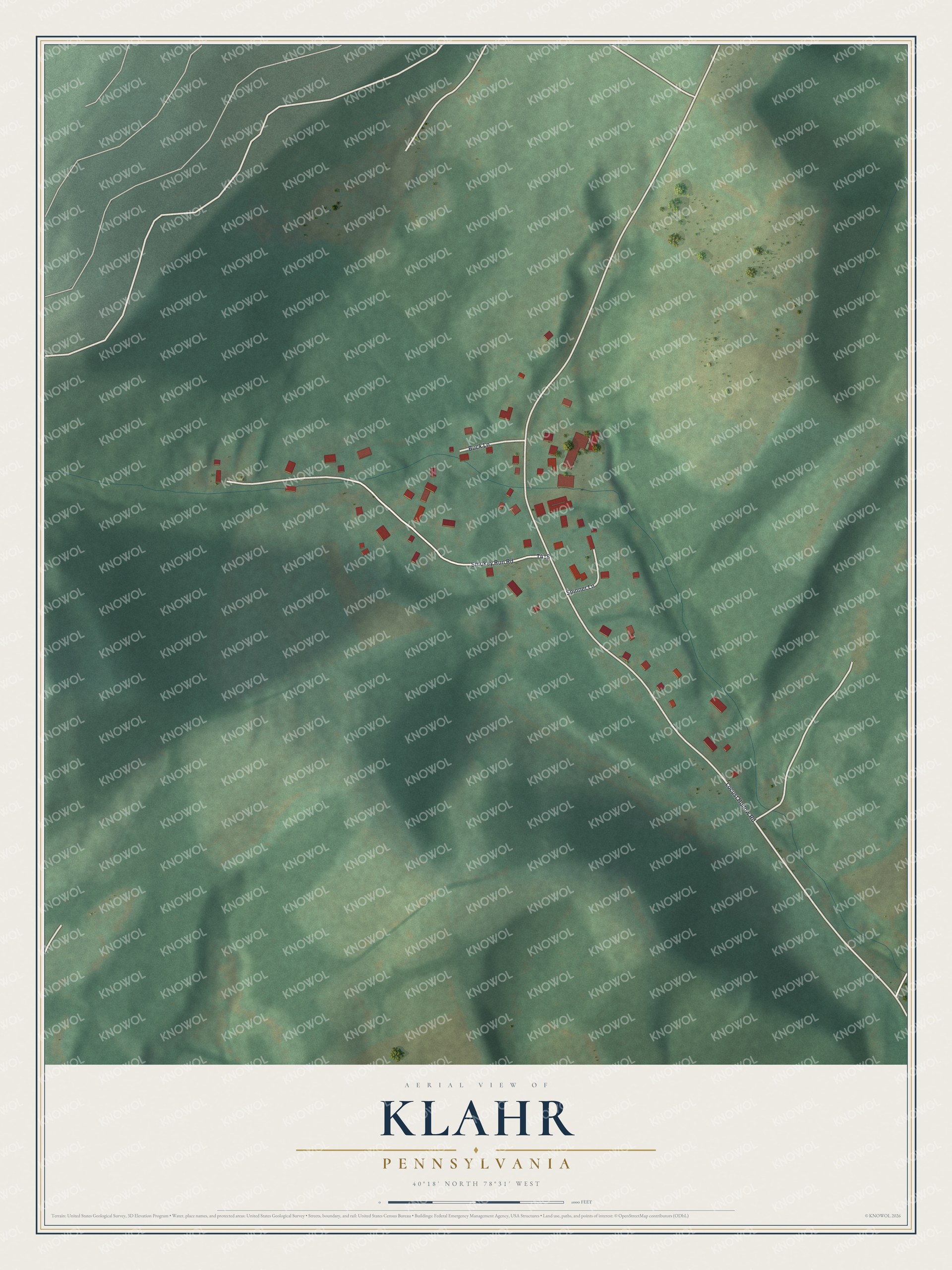 Full map of Klahr, Pennsylvania, with red buildings, printed street names and the land around them